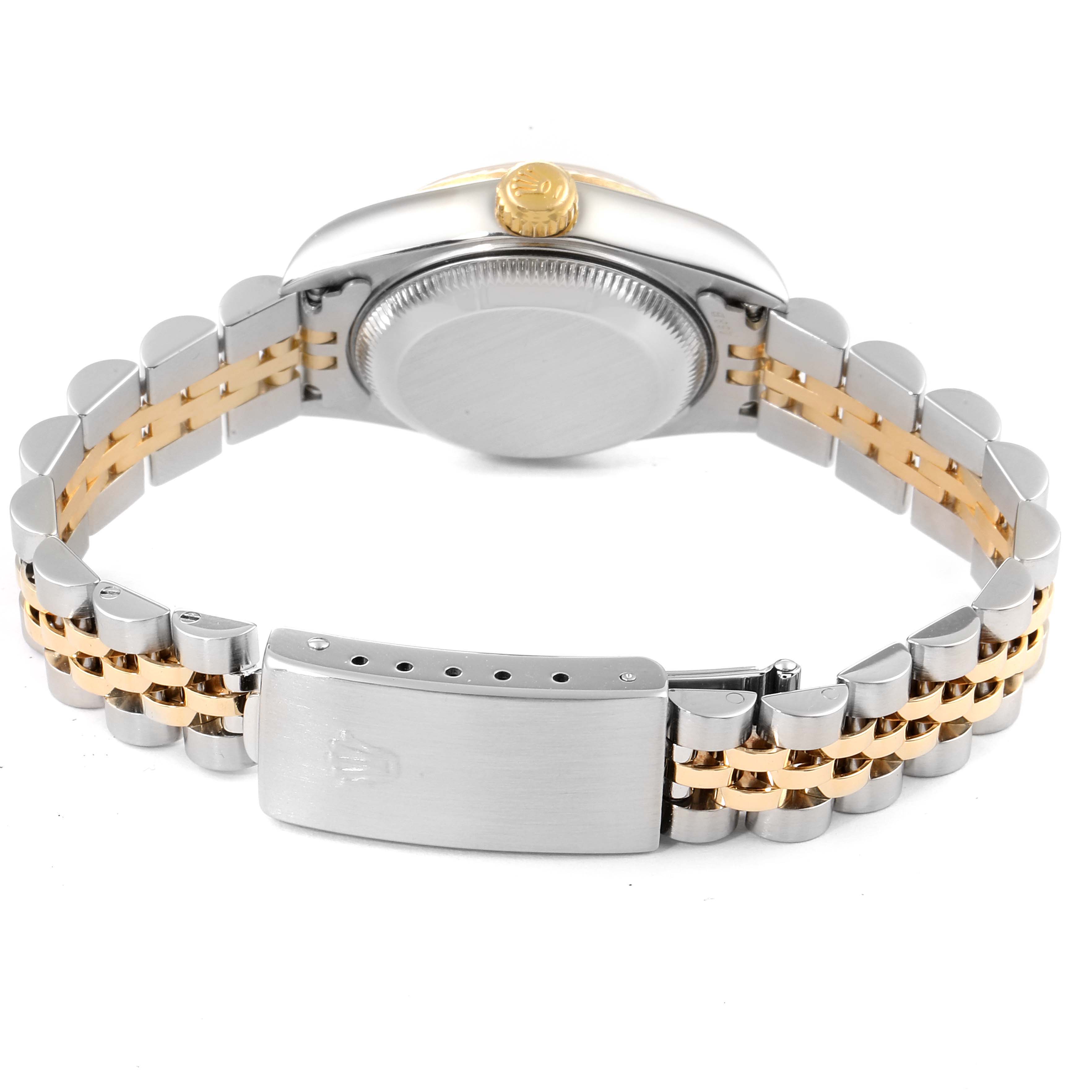 This image shows the back view of a Rolex Datejust 79173 Women's Steel and Gold (two tone) Blue Dial 79173 Women's Steel and Gold (two tone) Blue Dial watch, highlighting the case back, crown, and jubilee bracelet with a clasp.