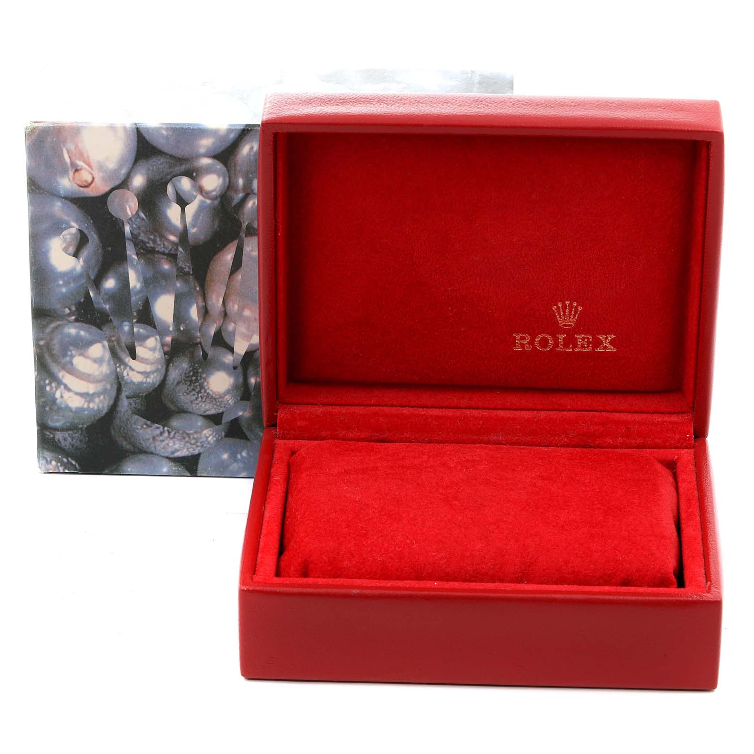 This image shows an open red box with the Rolex logo, likely for a Datejust model by Rolex, and its outer decorative box.