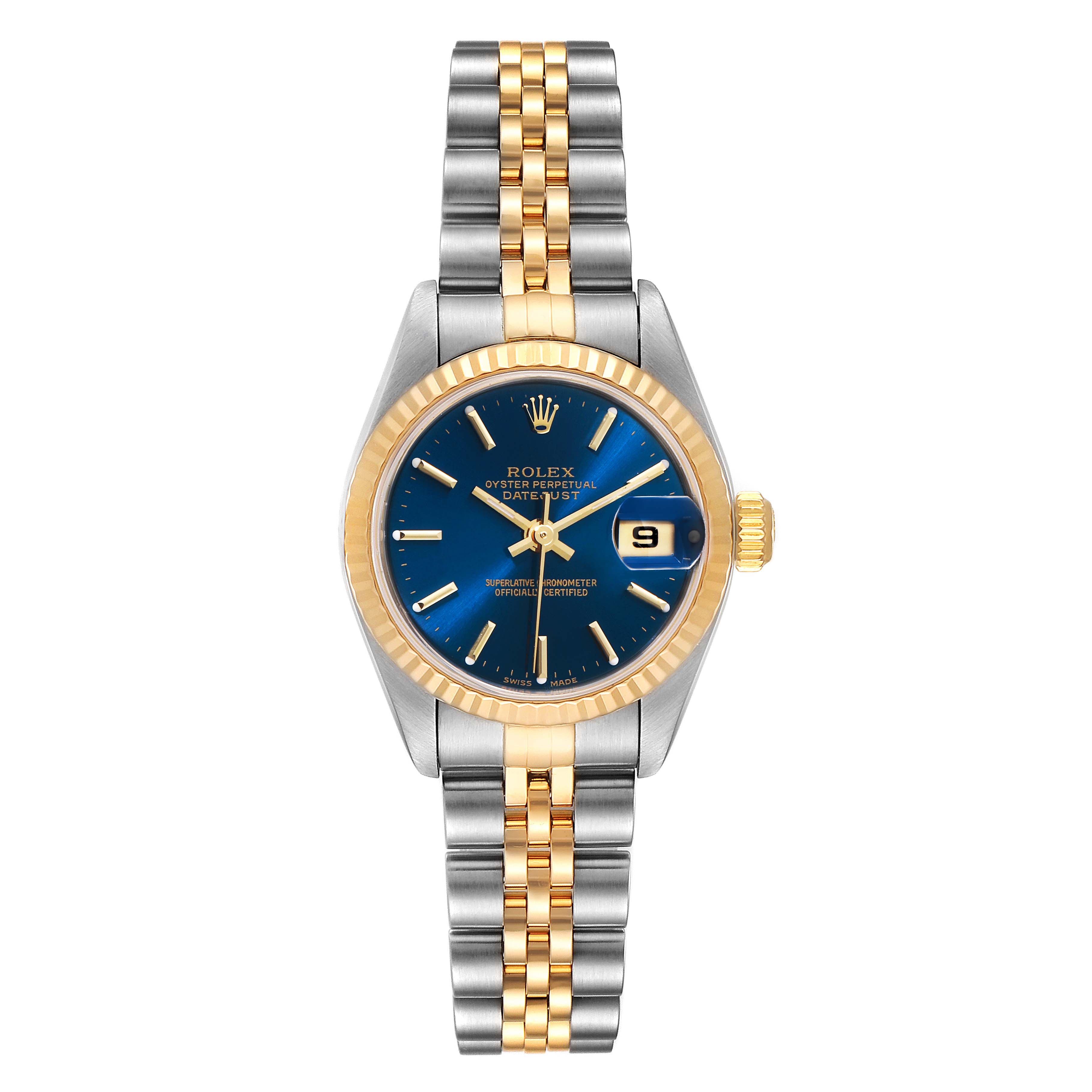 The Rolex Datejust 79173 Women's Steel and Gold (two tone) Blue Dial 79173 Women's Steel and Gold (two tone) Blue Dial watch is shown from the front, displaying the dial, hands, bracelet, and date window.