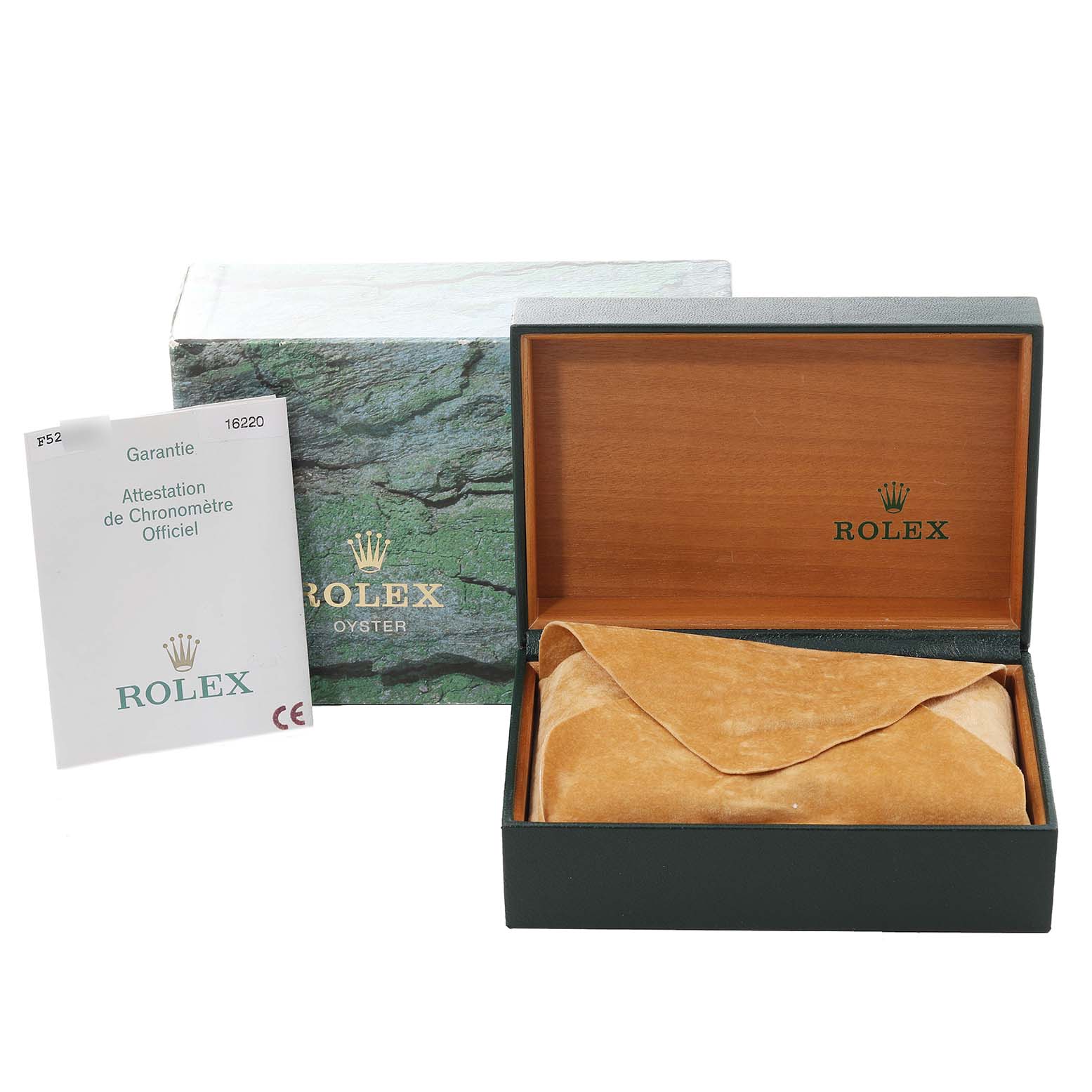 The image shows the box, inner pouch, and warranty card for a Rolex Datejust 16220 Men's Stainless Steel Black Dial 16220 Men's Stainless Steel Black Dial model.