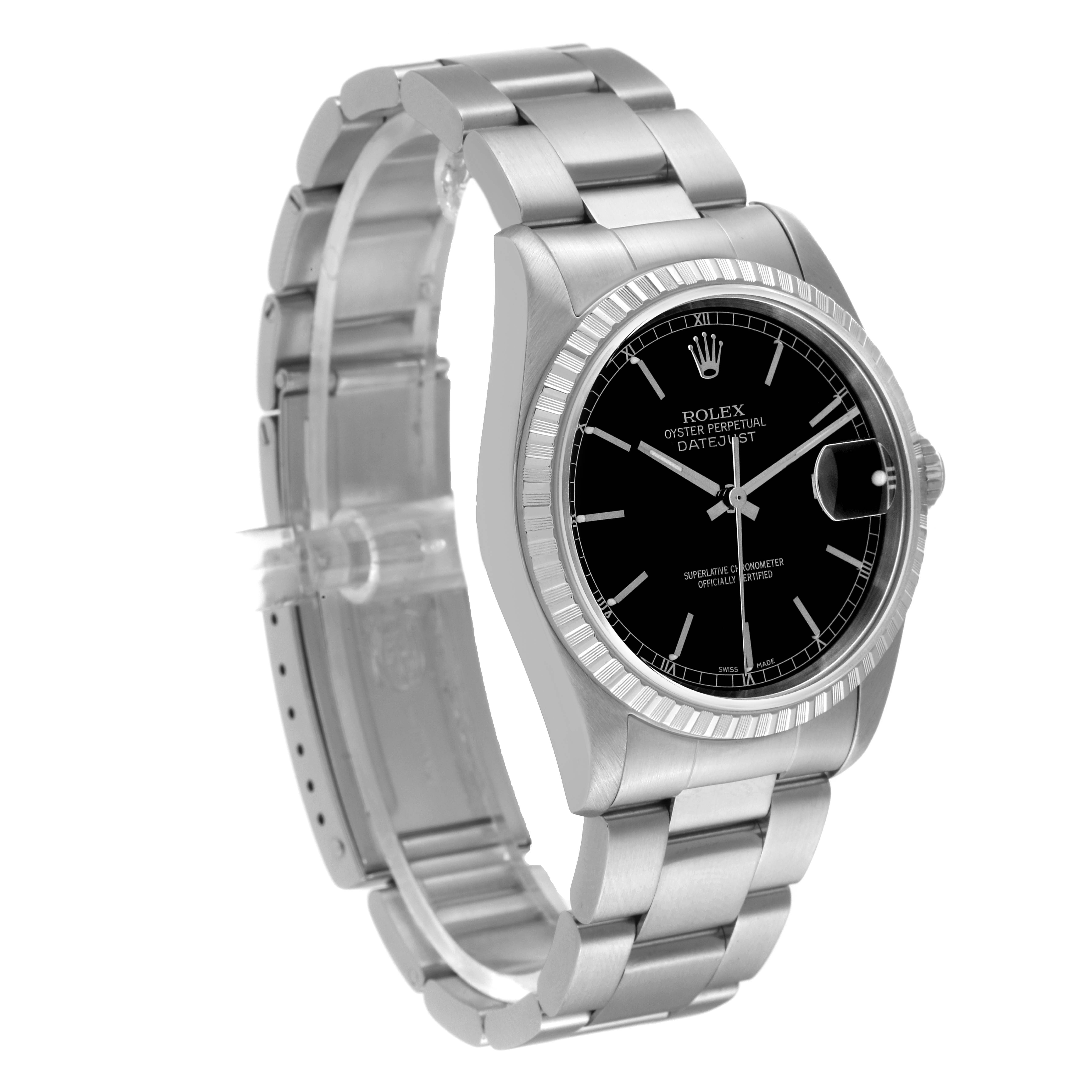 The image shows the Rolex Datejust 16220 Men's Stainless Steel Black Dial 16220 Men's Stainless Steel Black Dial model with a side angle, displaying the watch face, bezel, and bracelet.