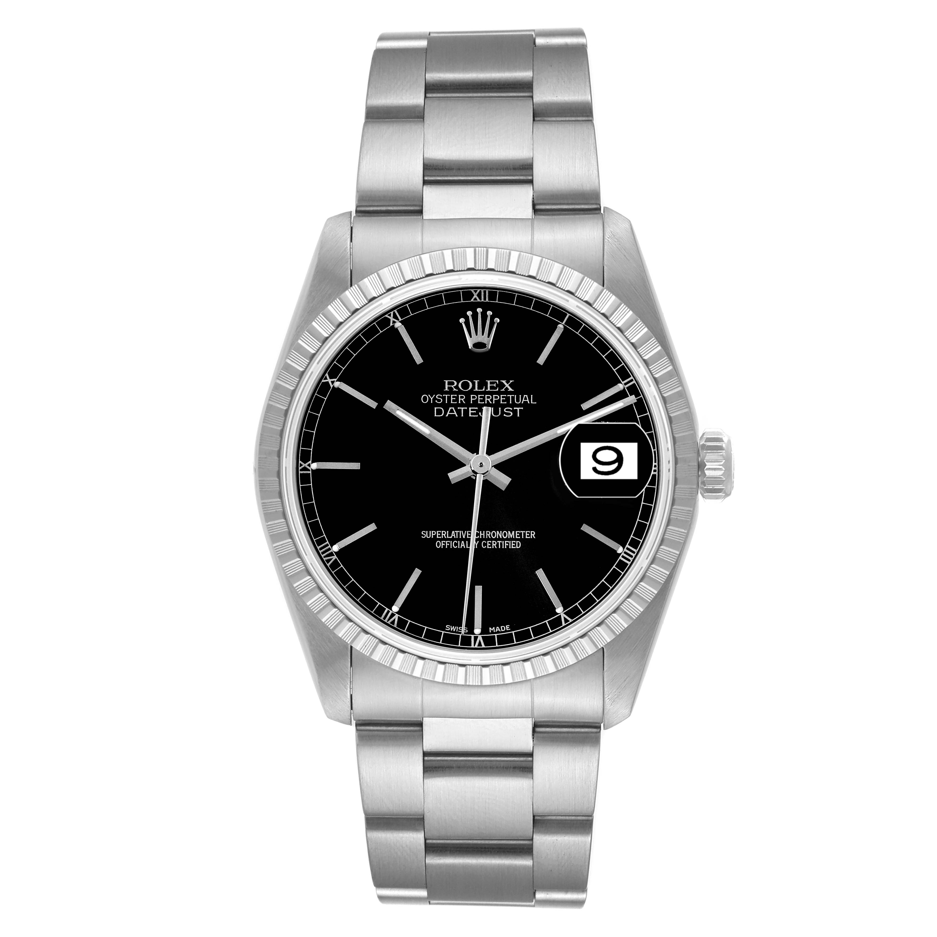 This image shows a front view of the Rolex Datejust 16220 Men's Stainless Steel Black Dial 16220 Men's Stainless Steel Black Dial watch, featuring a black dial, fluted bezel, and date display.