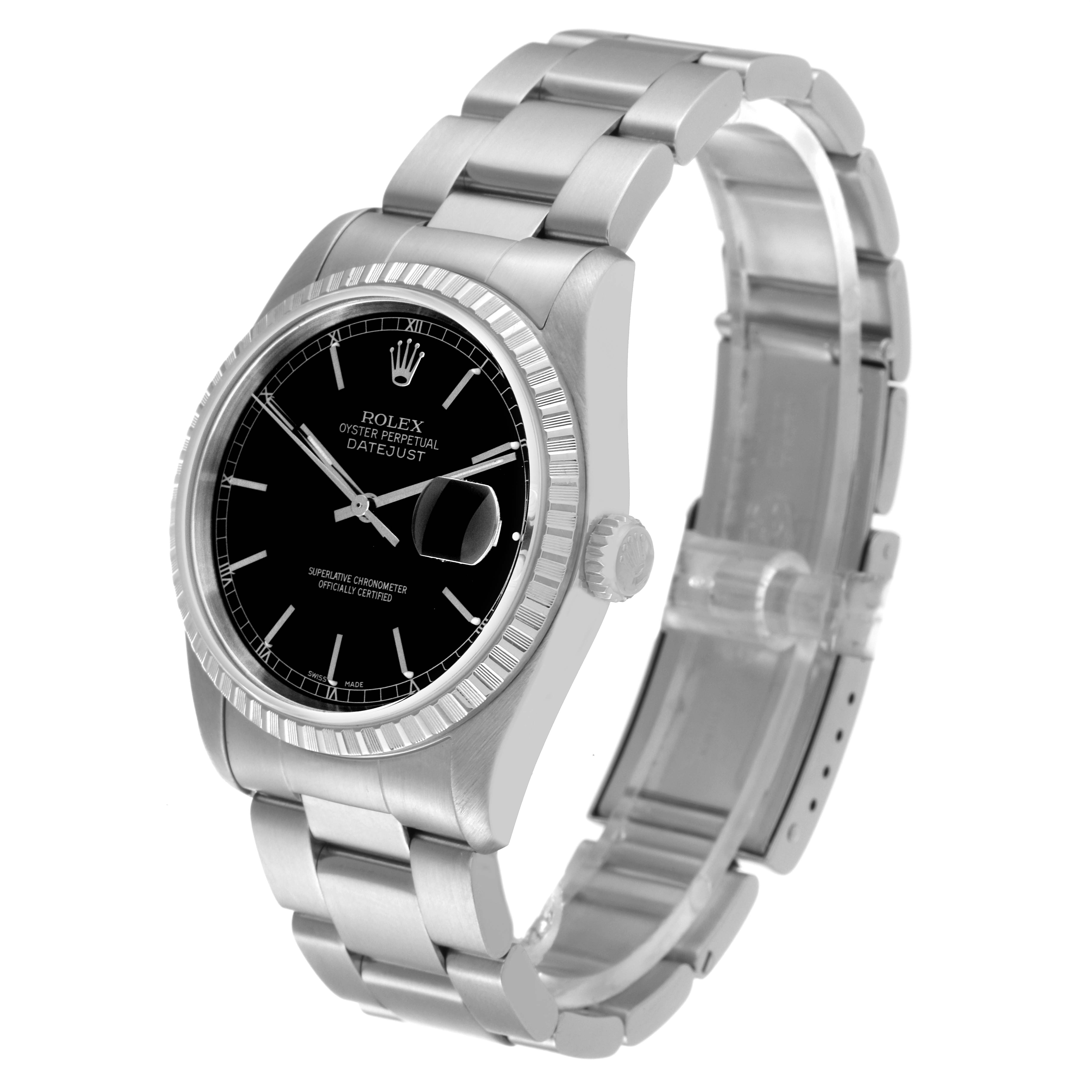 The image shows a Rolex Datejust 16220 Men's Stainless Steel Black Dial 16220 Men's Stainless Steel Black Dial watch at a slight angle, highlighting the face, bezel, crown, and bracelet.