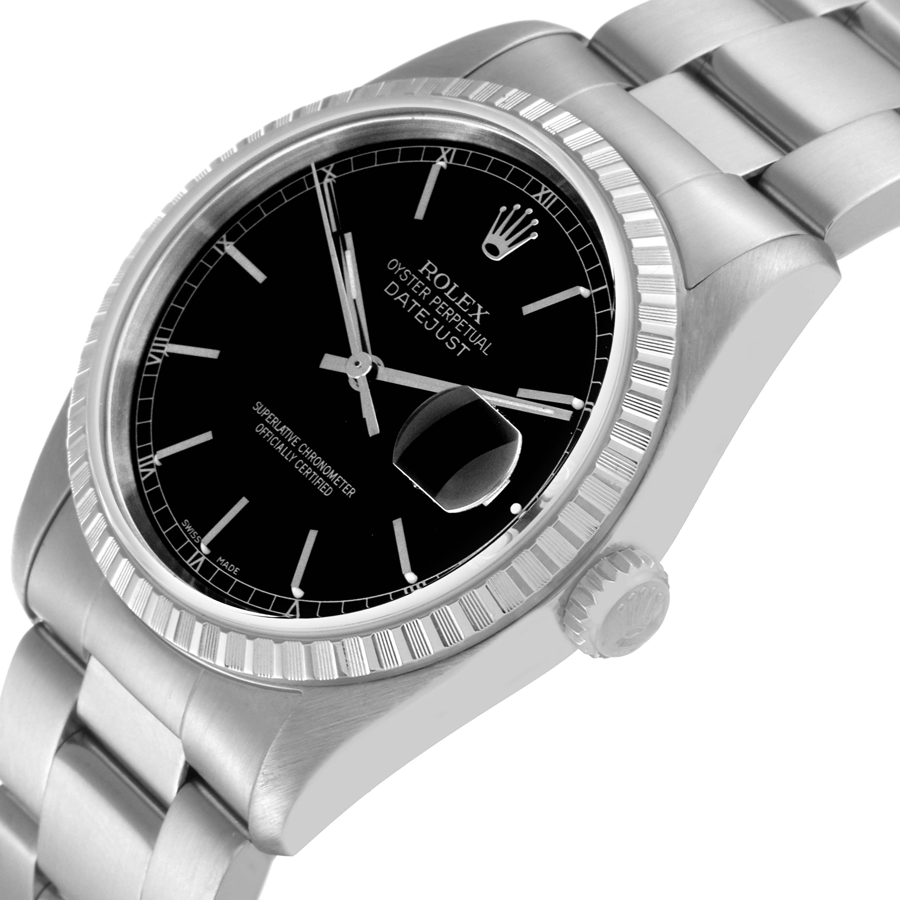 This image shows a side angle of a Rolex Datejust 16220 Men's Stainless Steel Black Dial 16220 Men's Stainless Steel Black Dial watch, highlighting the dial, bezel, crown, and part of the bracelet.