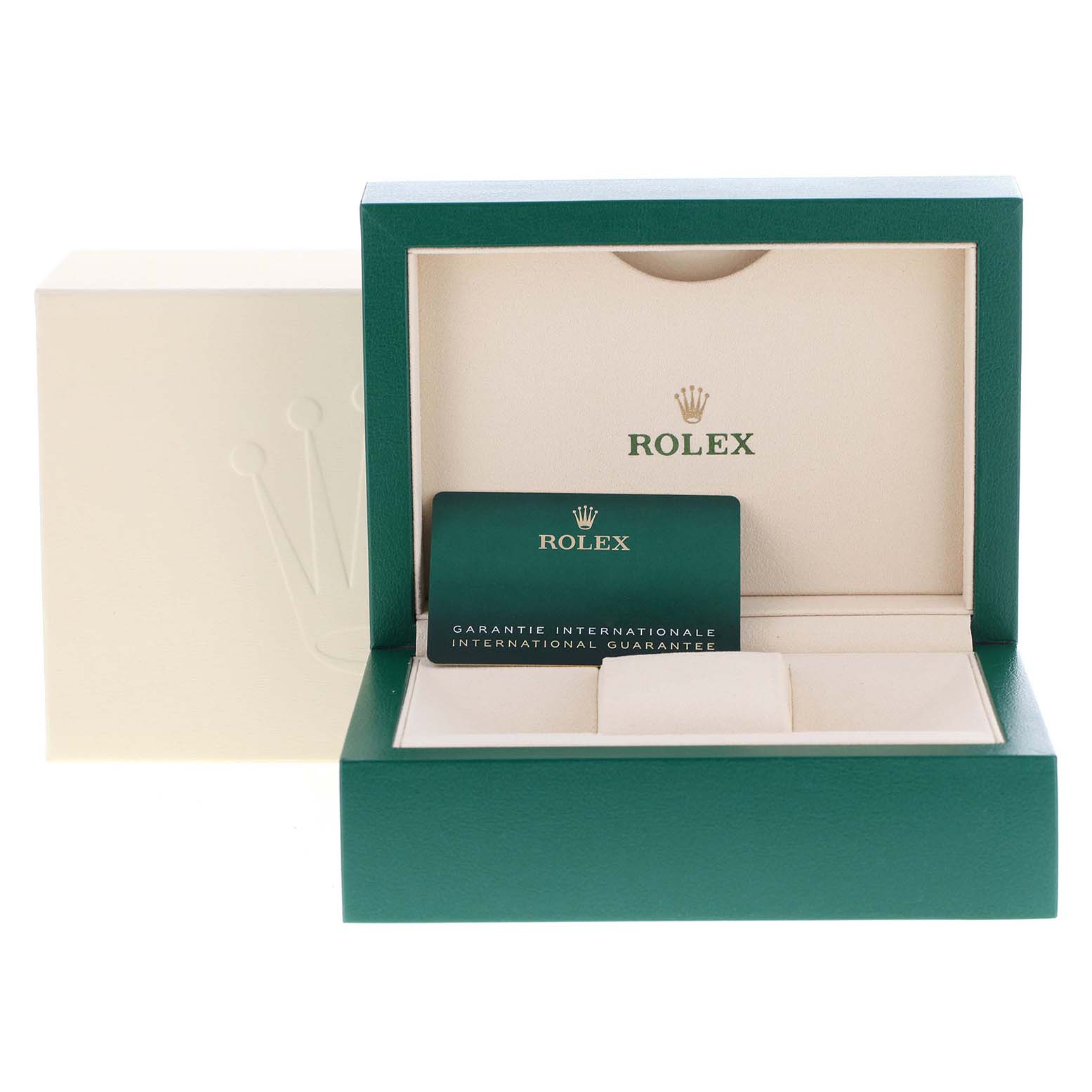 This image shows the packaging and guarantee card of a Rolex Datejust 126234 Men's Stainless Steel Purple Dial 126234 Men's Stainless Steel Purple Dial watch, viewed from the front.
