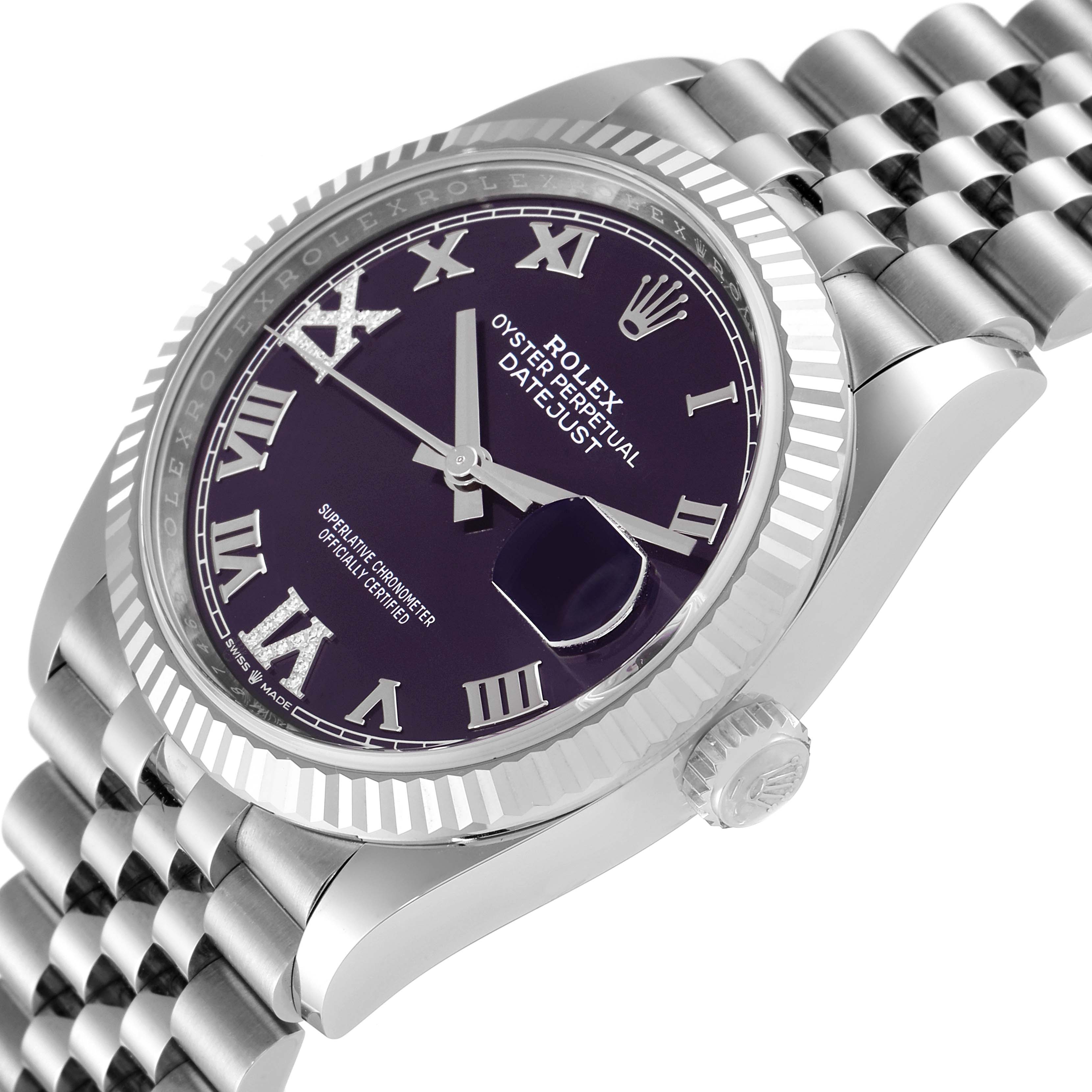 This image shows a close-up angle of the Rolex Datejust 126234 Men's Stainless Steel Purple Dial 126234 Men's Stainless Steel Purple Dial watch, highlighting the dial, bezel, crown, and bracelet.