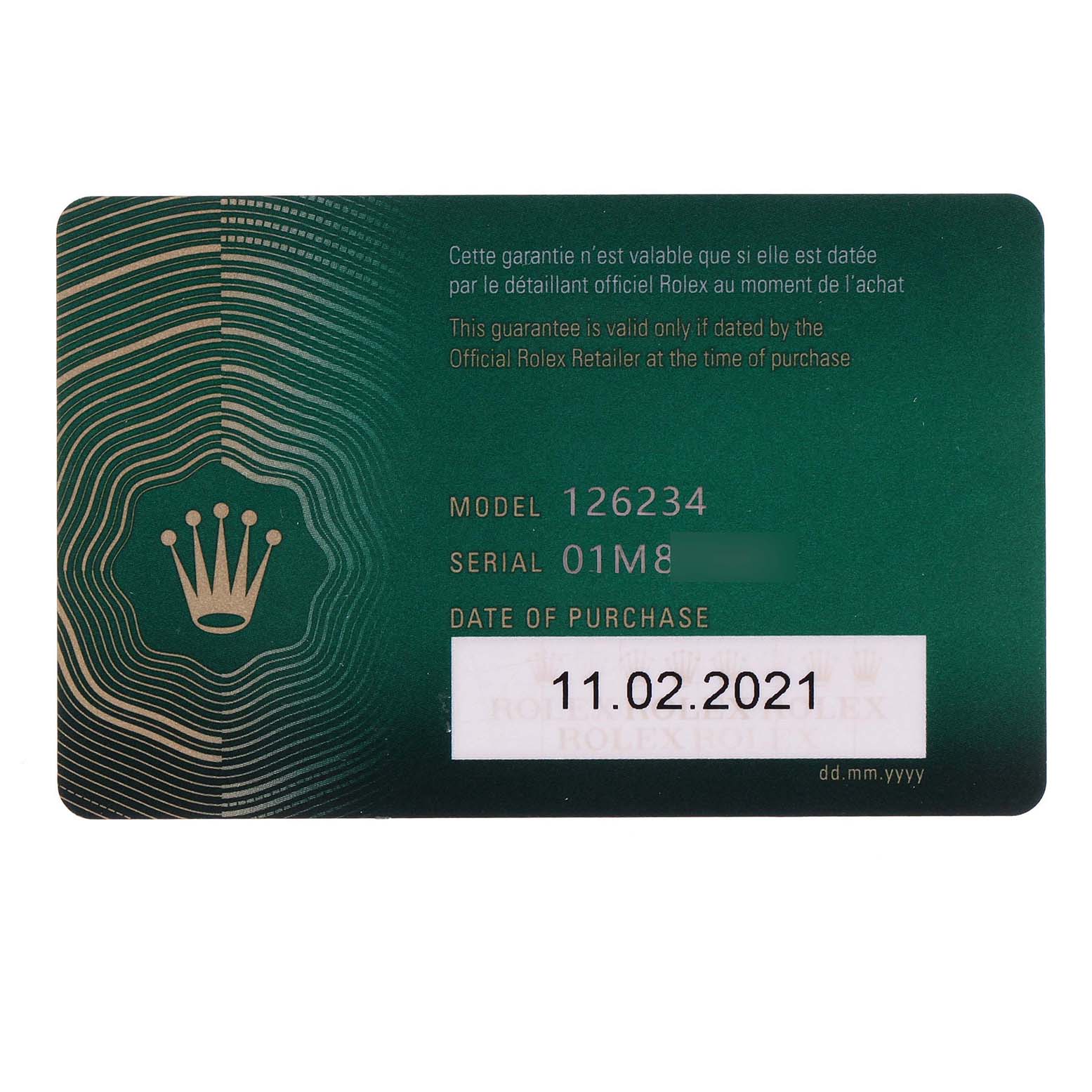 This image shows a green warranty card for the Rolex Datejust 126234 Men's Stainless Steel Purple Dial 126234 Men's Stainless Steel Purple Dial model 126234.