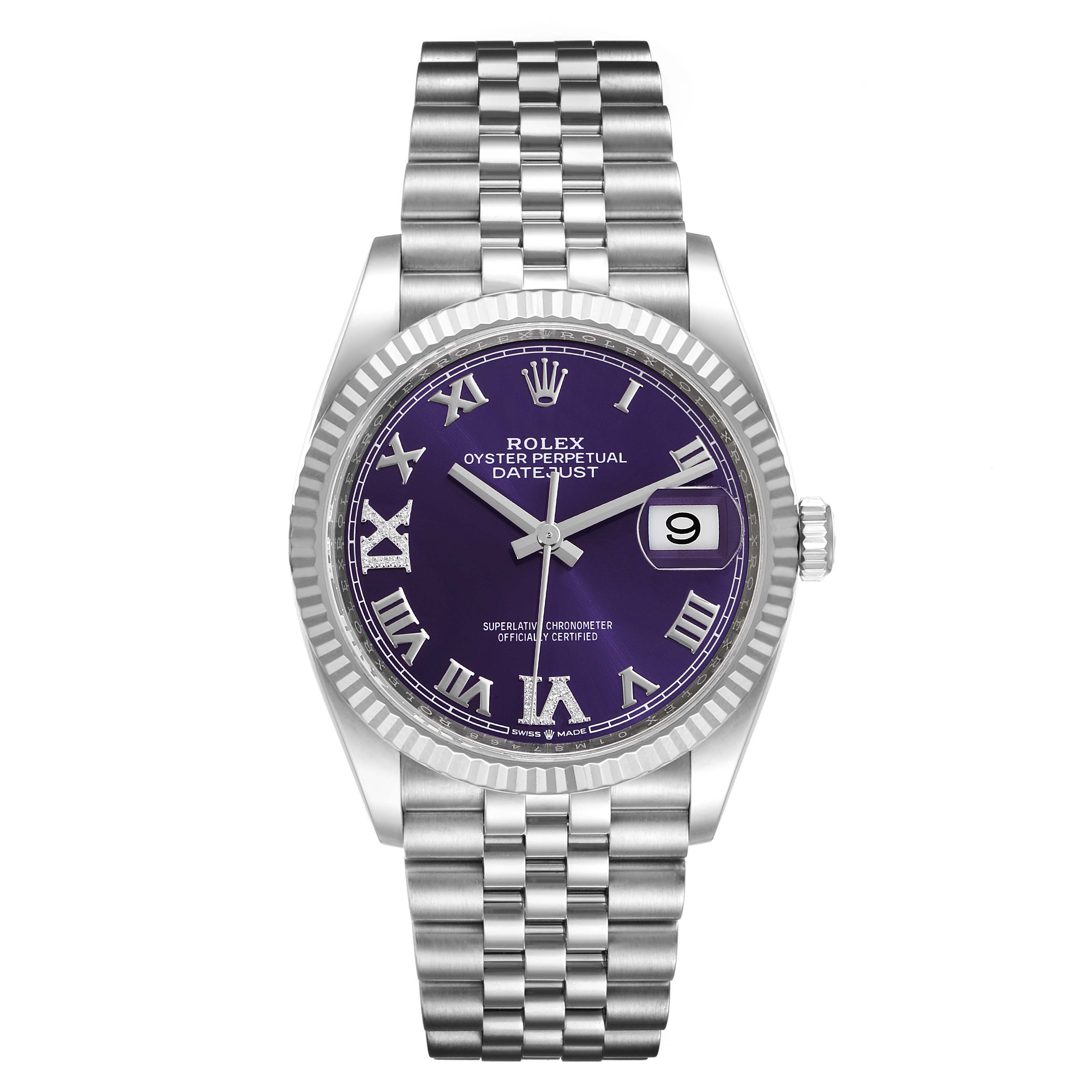 The image shows a Rolex Datejust 126234 Men's Stainless Steel Purple Dial 126234 Men's Stainless Steel Purple Dial watch from a front angle, highlighting its purple dial, Roman numerals, date window, and Jubilee bracelet.