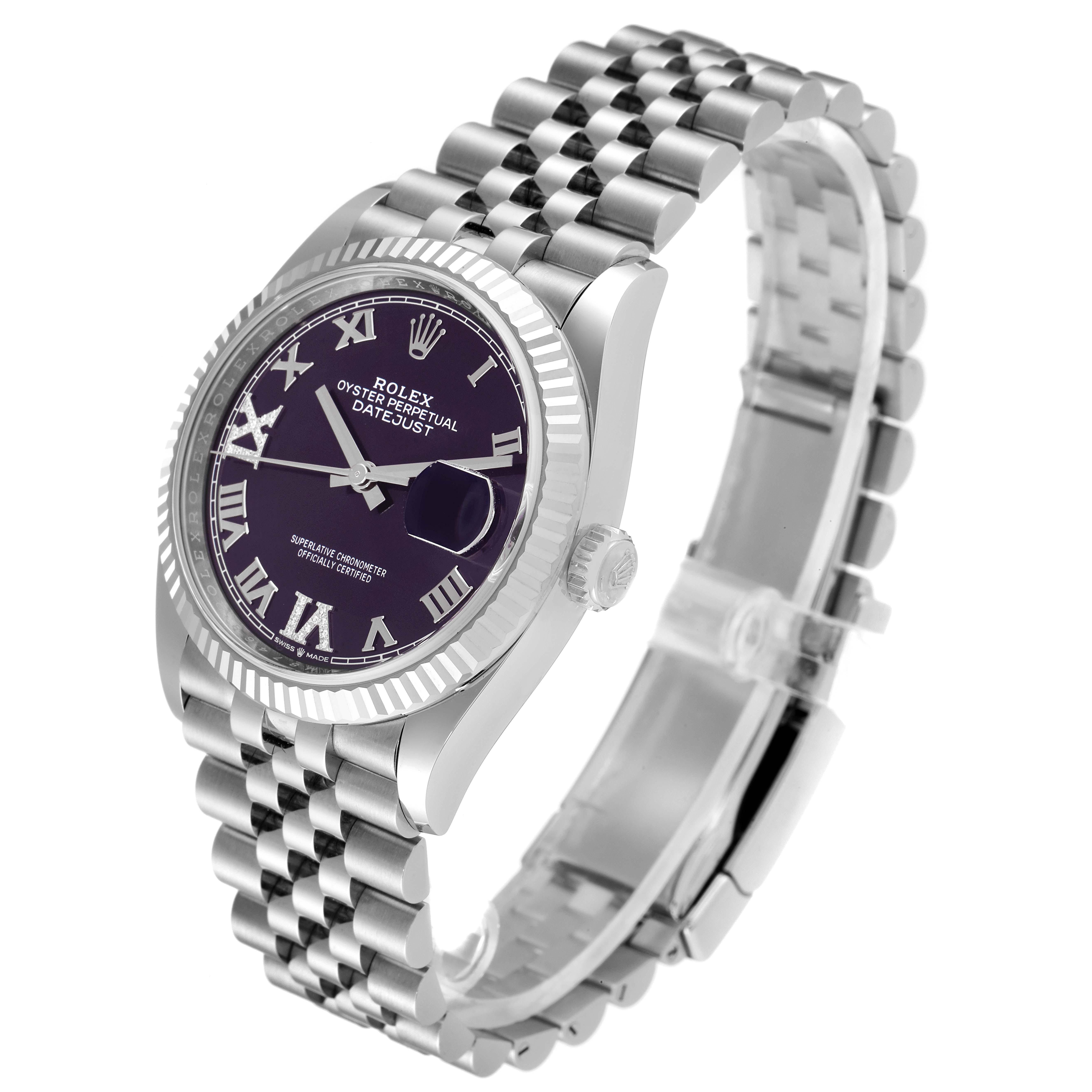 This Rolex Datejust 126234 Men's Stainless Steel Purple Dial 126234 Men's Stainless Steel Purple Dial watch is shown at a slightly tilted side angle, highlighting the case, dial, bracelet, and clasp.