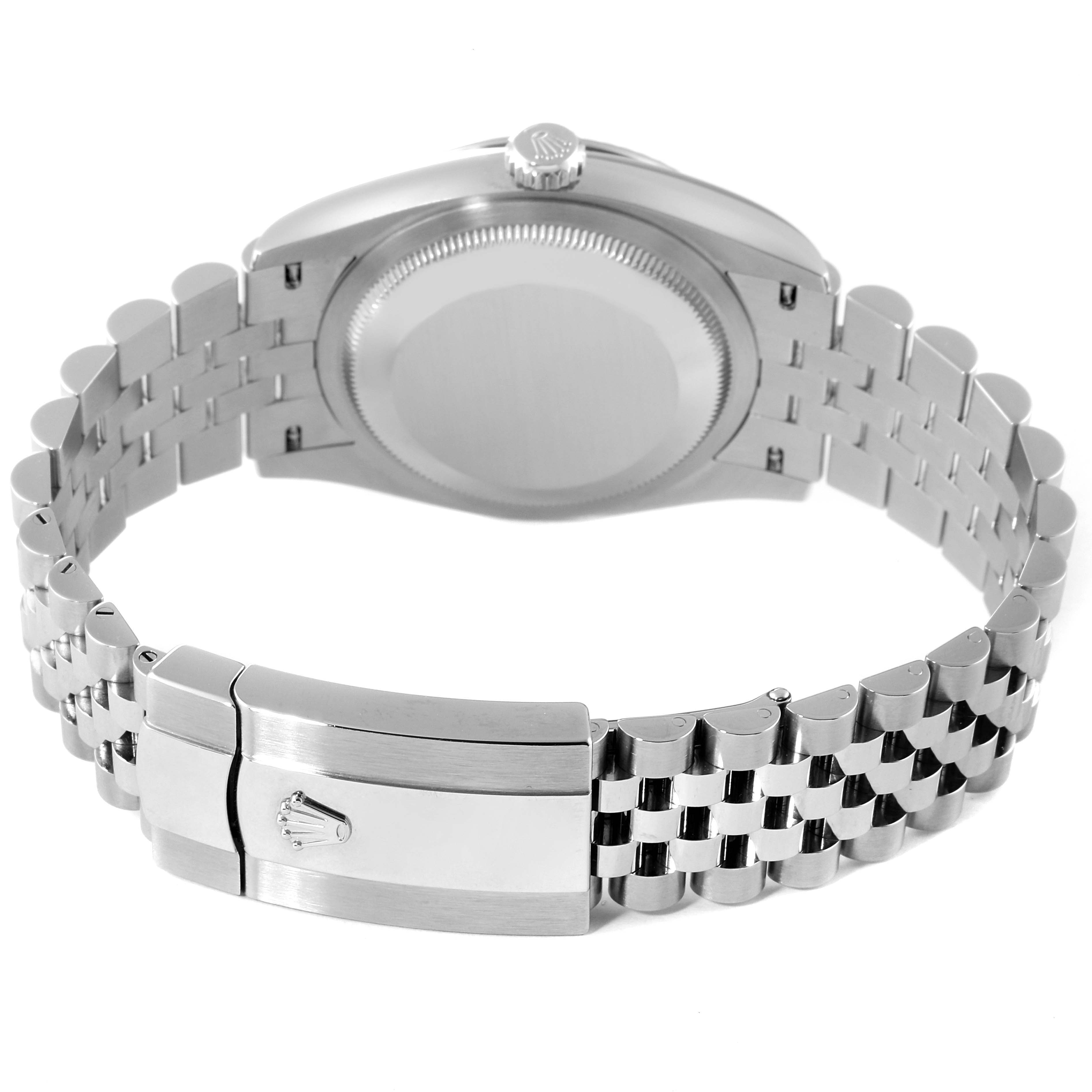 The image shows the back case and bracelet clasp of a Rolex Datejust 126234 Men's Stainless Steel Purple Dial 126234 Men's Stainless Steel Purple Dial watch from a rear angle.