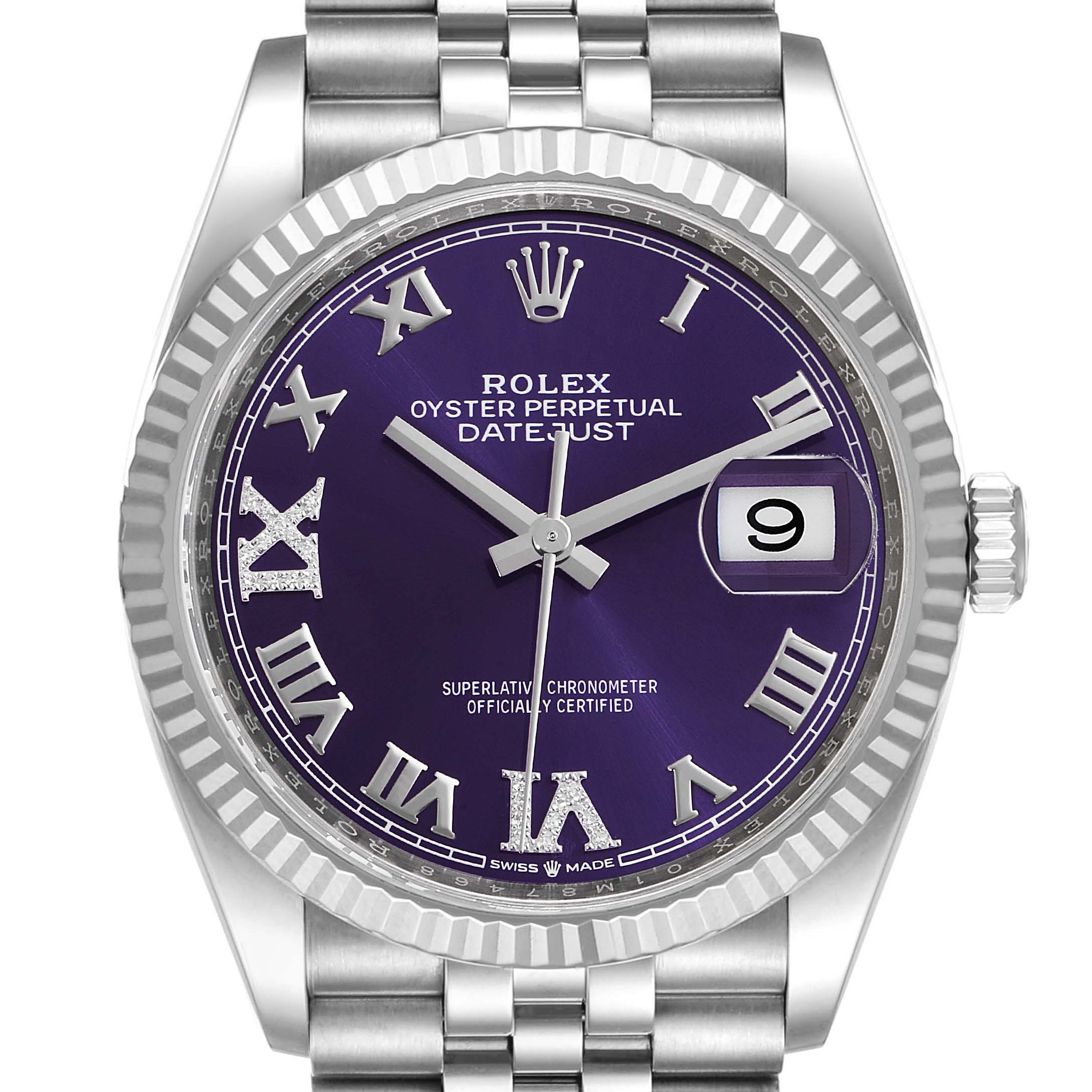 This image shows a front view of the Rolex Datejust 126234 Men's Stainless Steel Purple Dial 126234 Men's Stainless Steel Purple Dial watch, highlighting the dial, bezel, and bracelet.