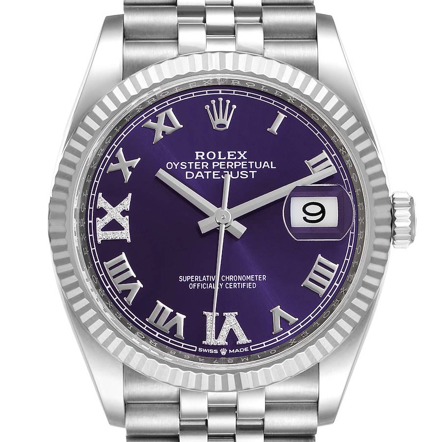 Rolex Datejust Steel White Gold Purple Dial Diamond Watch 126234 Unworn SwissWatchExpo