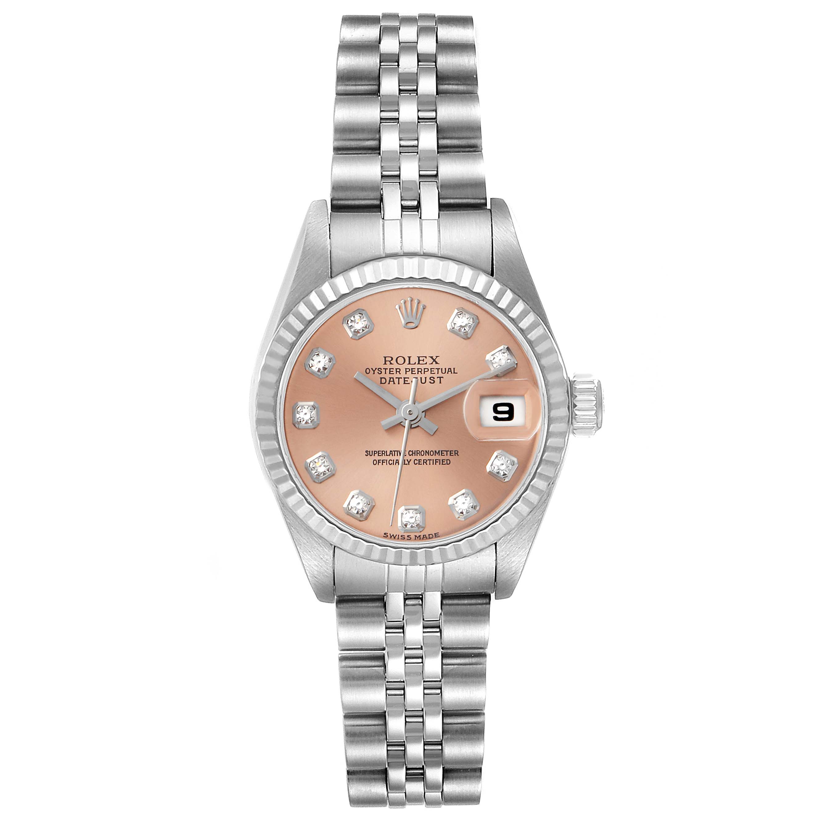 This image shows a front view of the Rolex Datejust 79174 Women's Stainless Steel Pink Dial 79174 Women's Stainless Steel Pink Dial watch with a pink dial, diamond hour markers, and stainless steel bracelet.