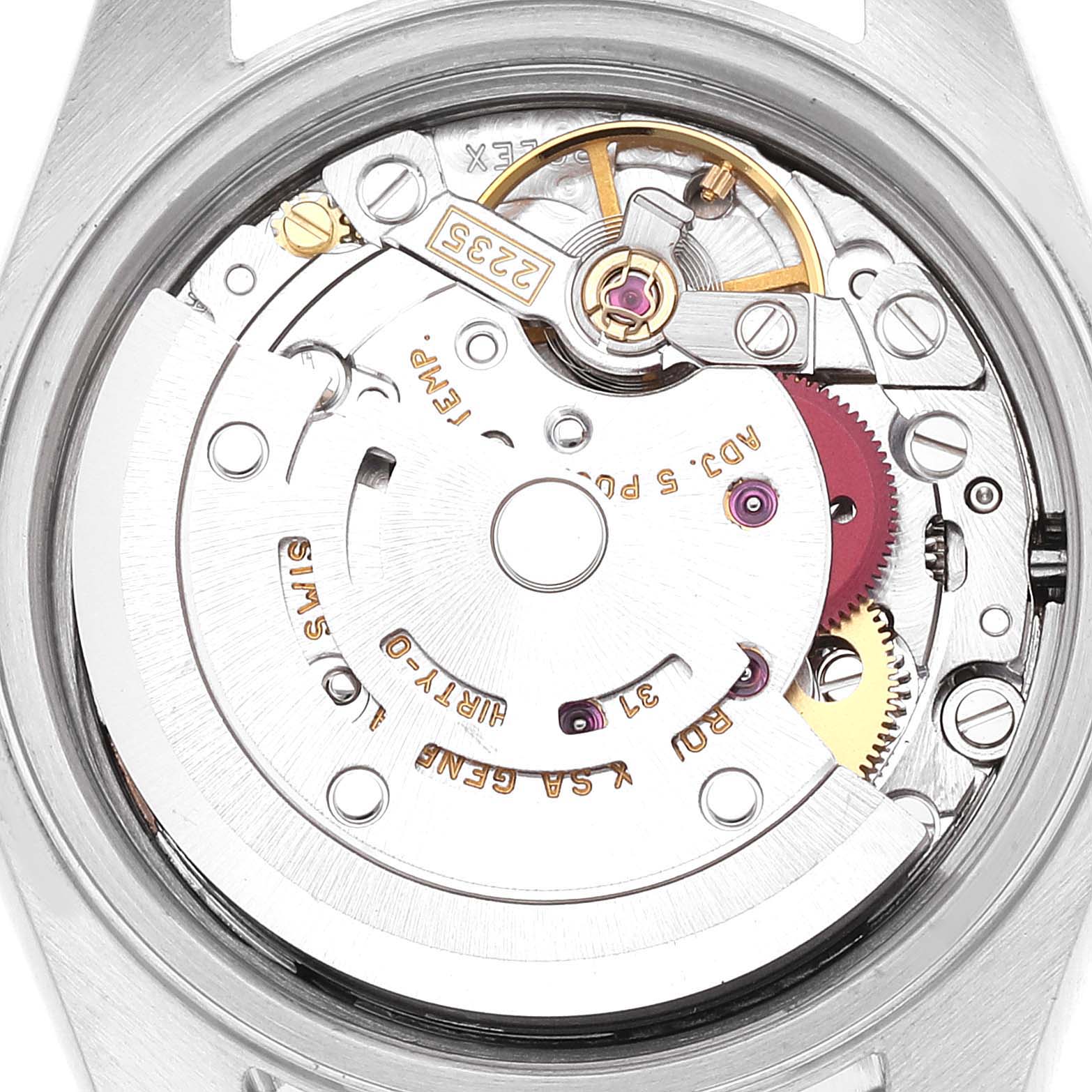The image shows the movement and internal mechanism of a Rolex Datejust 79174 Women's Stainless Steel Pink Dial 79174 Women's Stainless Steel Pink Dial watch from a back view angle.