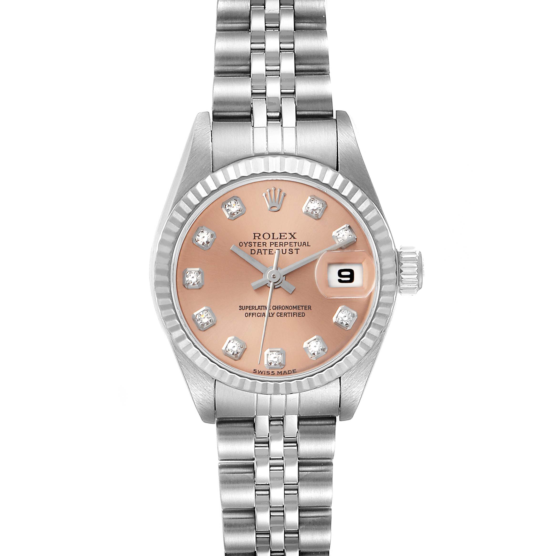 The image shows a front view of the Rolex Datejust 79174 Women's Stainless Steel Pink Dial 79174 Women's Stainless Steel Pink Dial watch, displaying the dial, hands, bezel, date window, and bracelet.