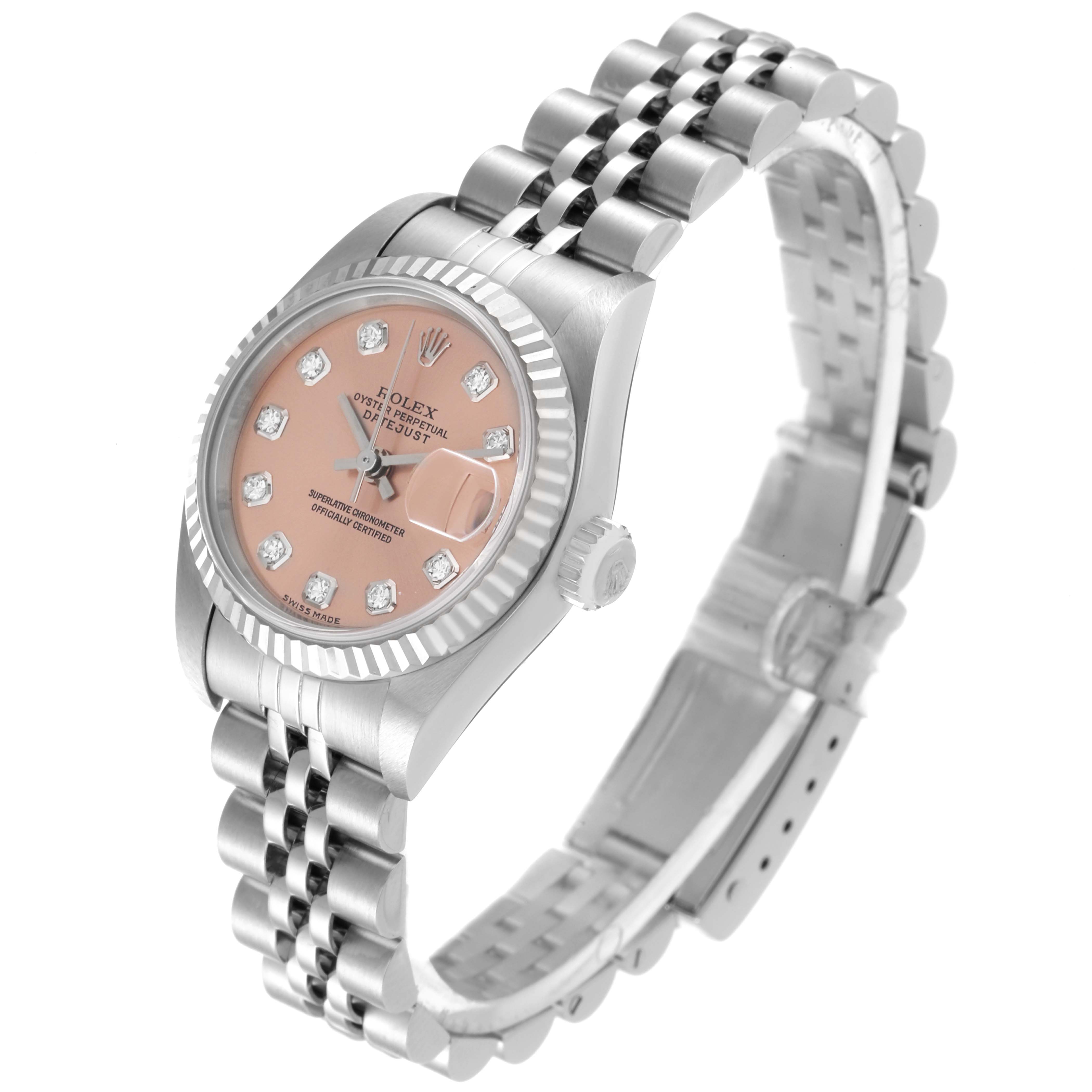 The image shows a Rolex Datejust 79174 Women's Stainless Steel Pink Dial 79174 Women's Stainless Steel Pink Dial watch from an angled perspective, highlighting the face, bezel, crown, and bracelet.