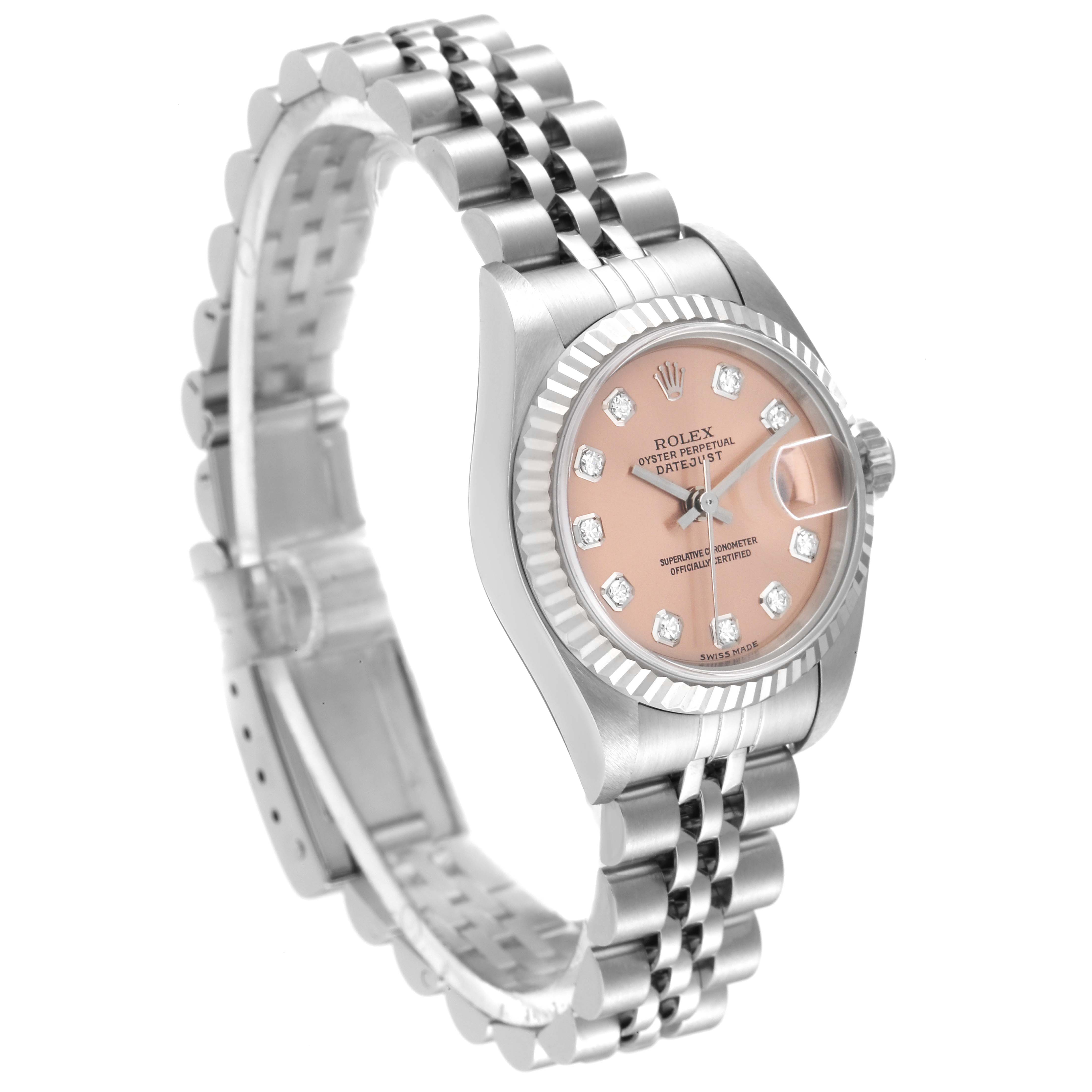 The Rolex Datejust 79174 Women's Stainless Steel Pink Dial 79174 Women's Stainless Steel Pink Dial watch is shown at a three-quarter angle, highlighting its face and bracelet.