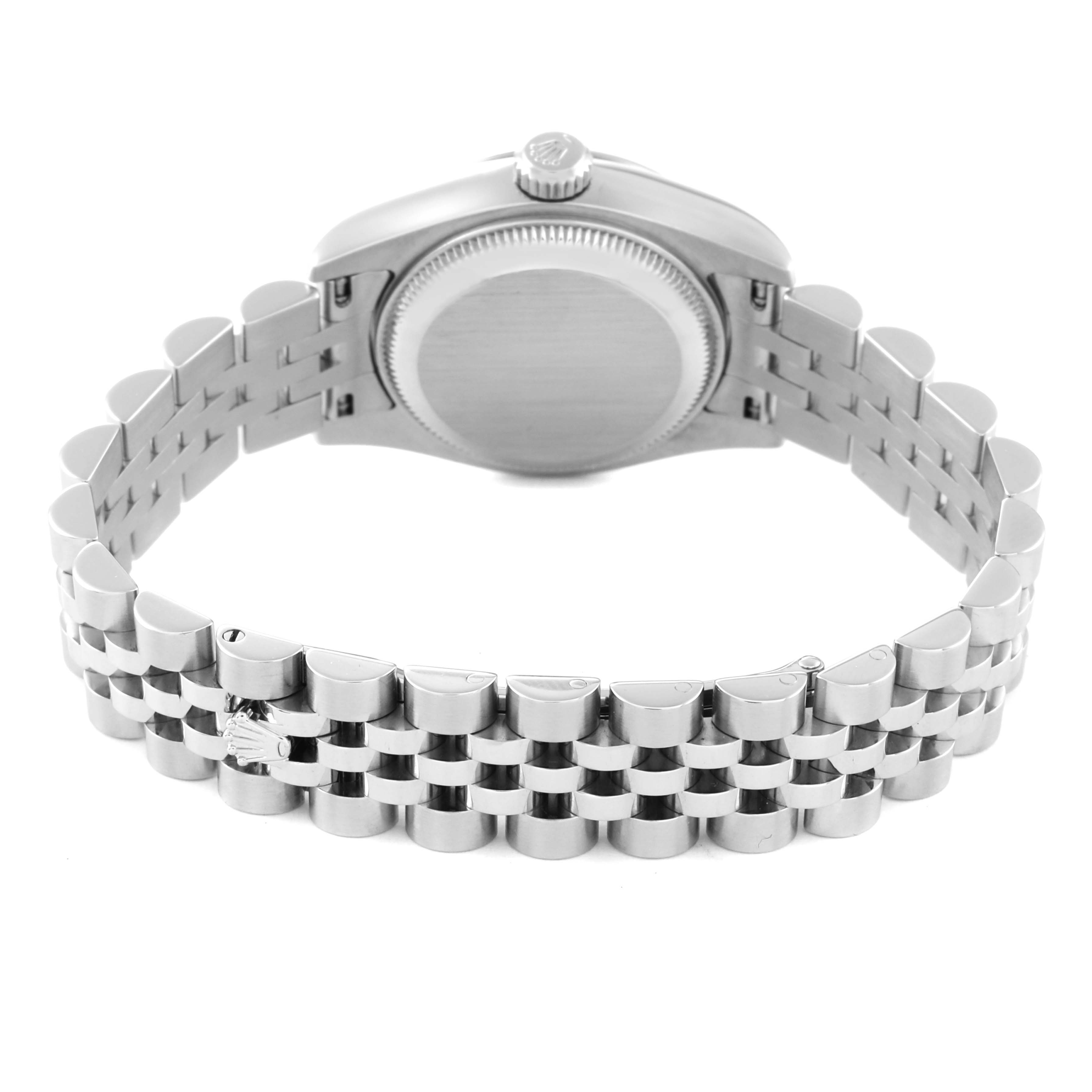 The image shows the back view of a Rolex Datejust 179174 Women's Stainless Steel Silver Dial 179174 Women's Stainless Steel Silver Dial watch, highlighting its bracelet and caseback.