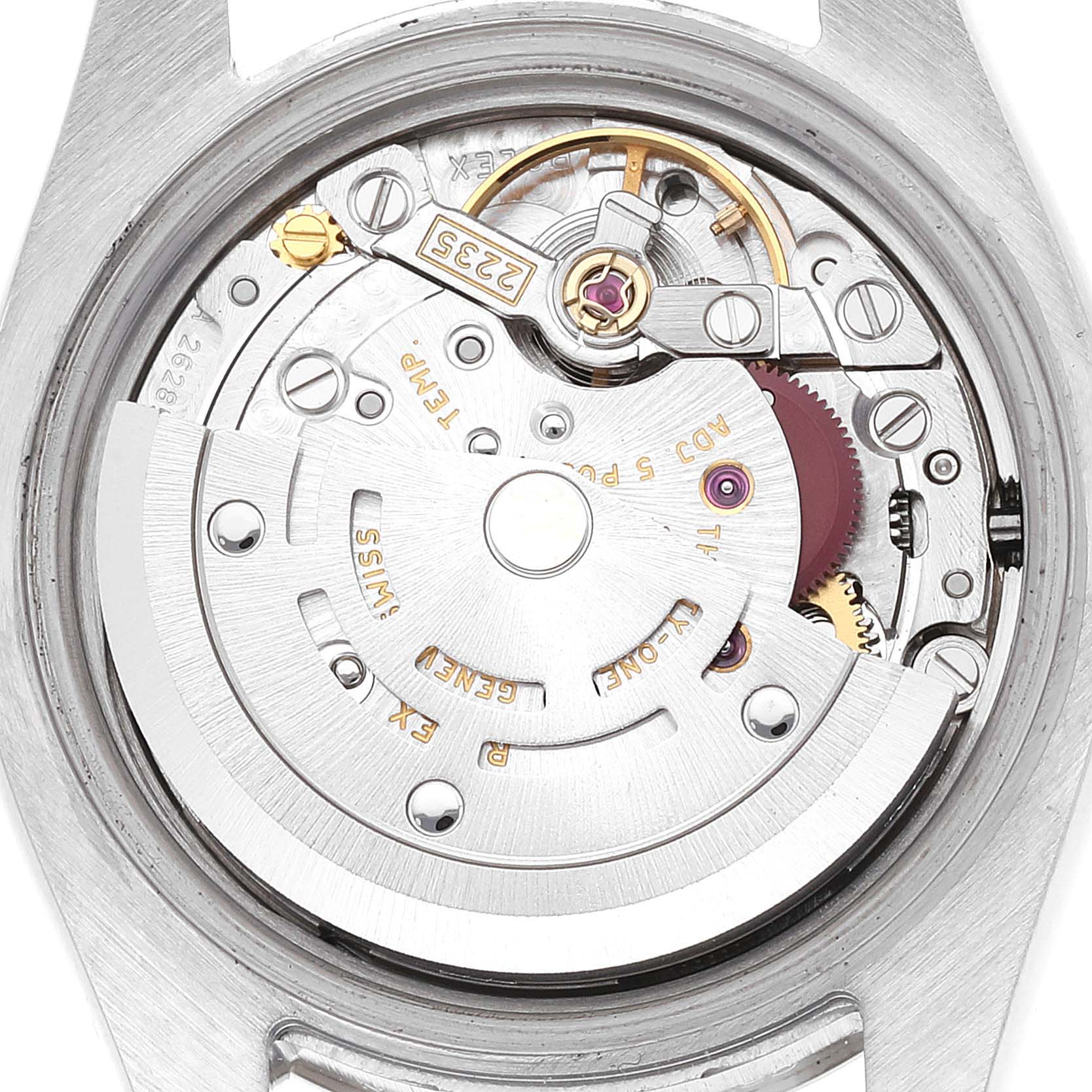 The image shows the internal movement of a Rolex Datejust 179174 Women's Stainless Steel Silver Dial 179174 Women's Stainless Steel Silver Dial, viewed from the back of the watch case.