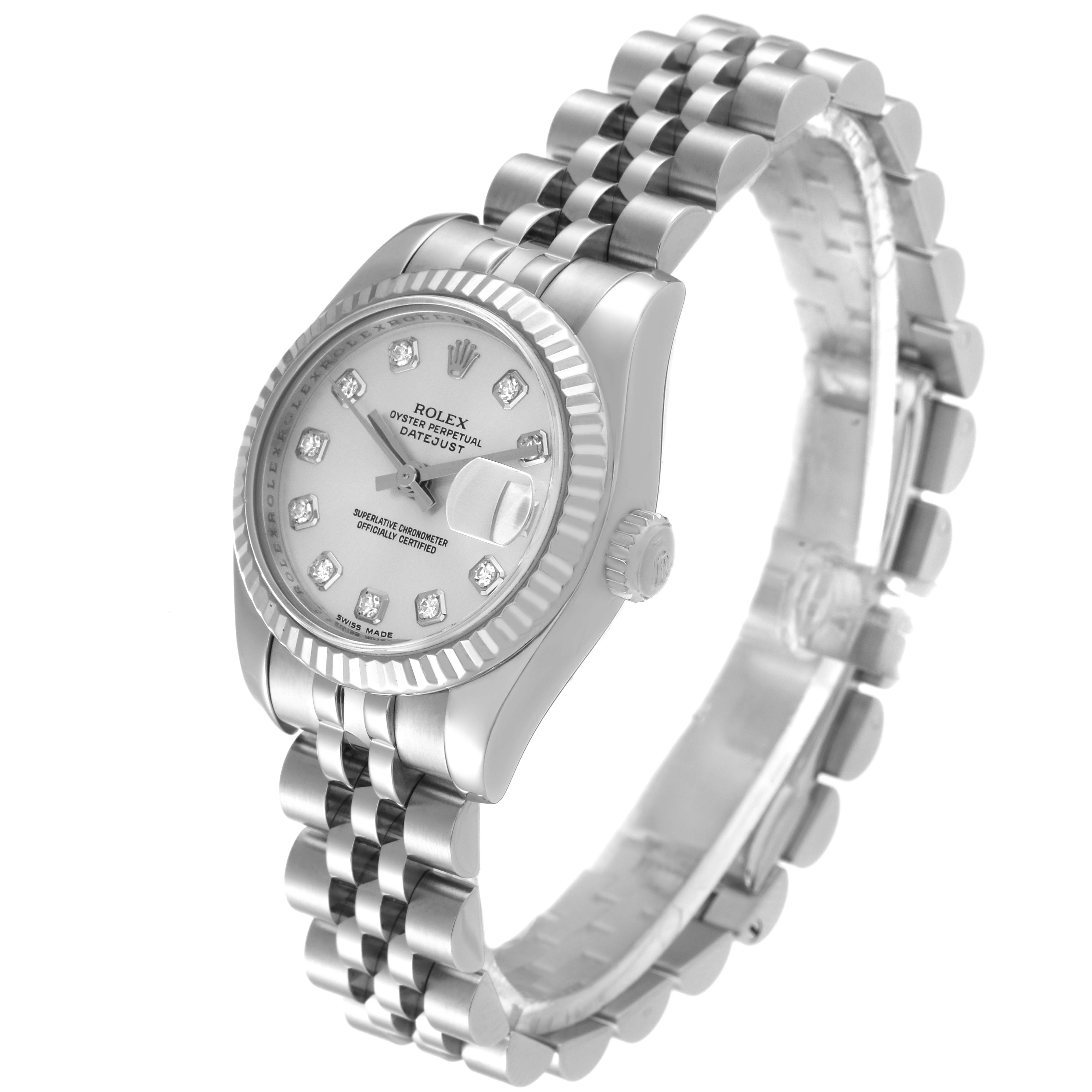 The image shows a Rolex Datejust 179174 Women's Stainless Steel Silver Dial 179174 Women's Stainless Steel Silver Dial watch from an angled side view, highlighting its face, bezel, crown, and bracelet.