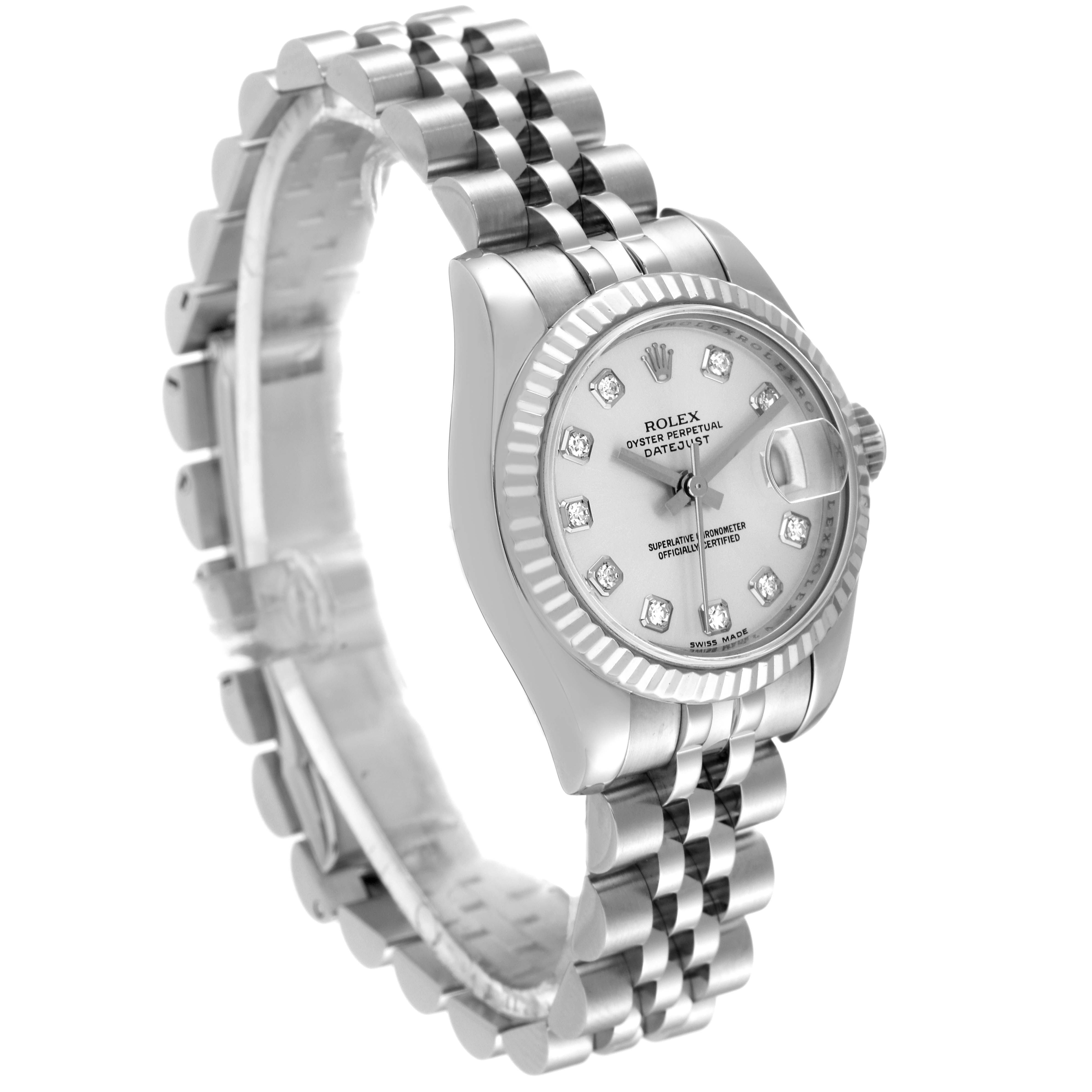 The Rolex Datejust 179174 Women's Stainless Steel Silver Dial 179174 Women's Stainless Steel Silver Dial watch is shown at a three-quarter front angle, displaying its face, bezel, and part of the bracelet.