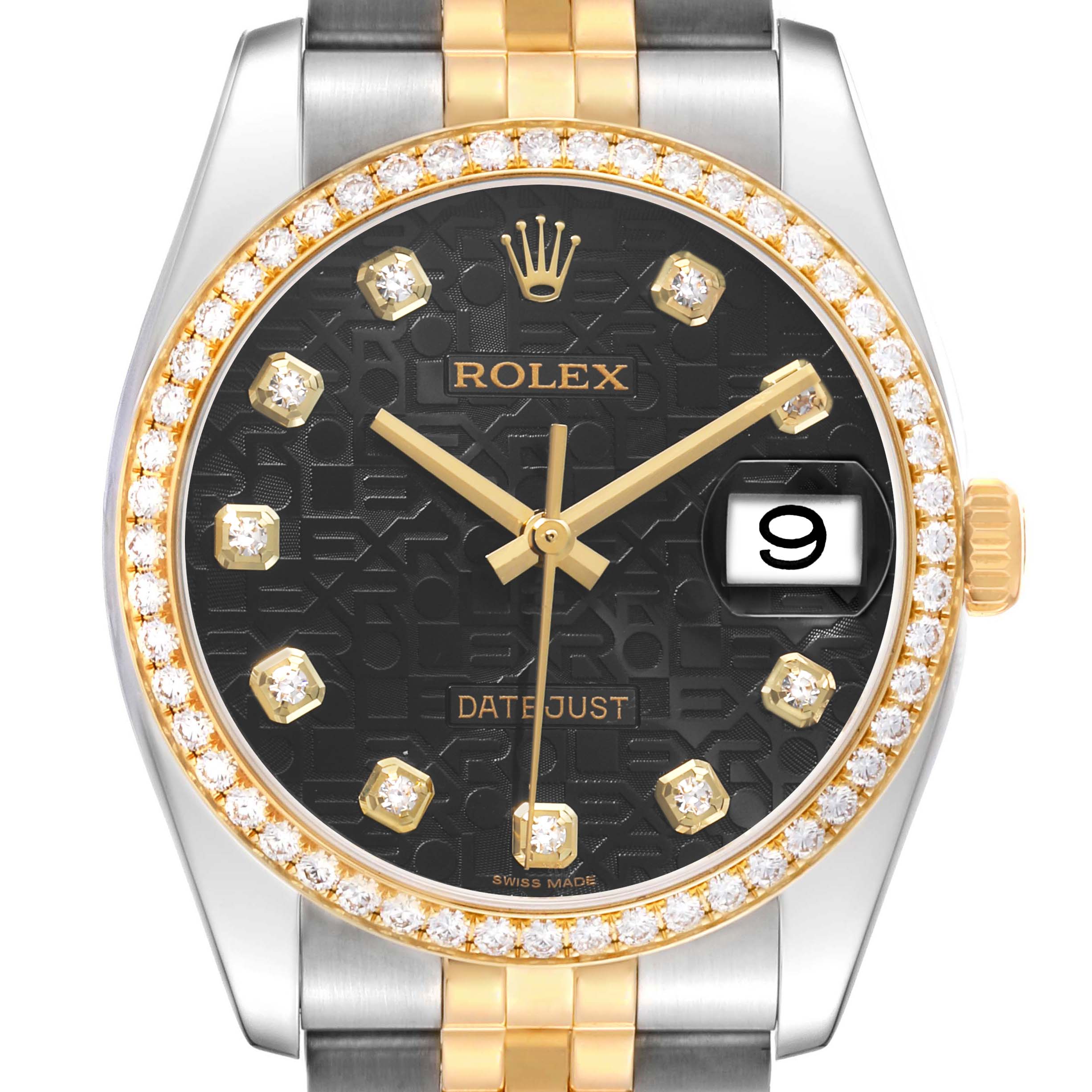 The Rolex Datejust 116243 Men's Steel and Gold (two tone) Black Dial is shown from a front view, highlighting the dial, bezel, and part of the bracelet.