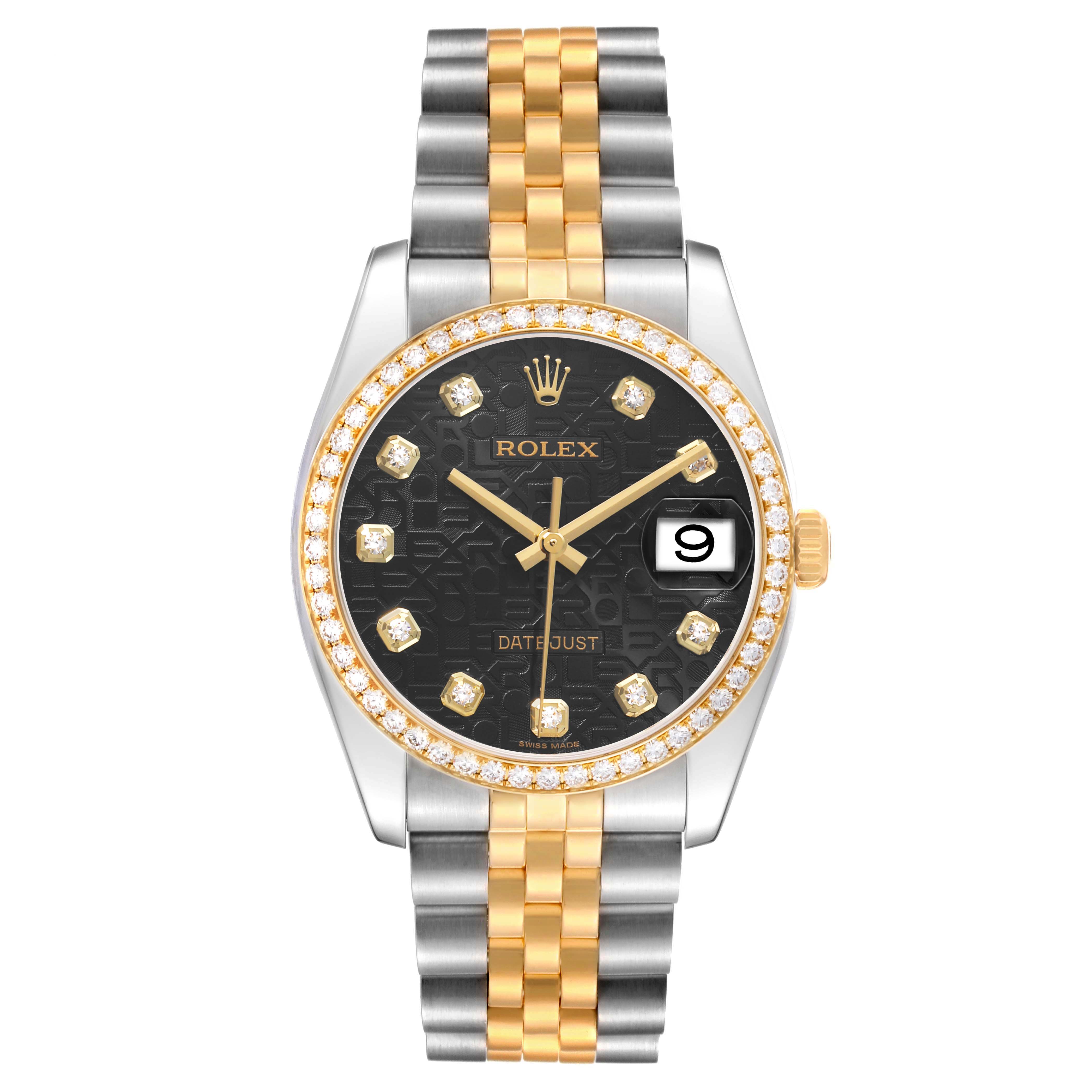 The Rolex Datejust 116243 Men's Steel and Gold (two tone) Black Dial watch is shown from a top-down angle, highlighting the dial, bezel, and two-tone bracelet.