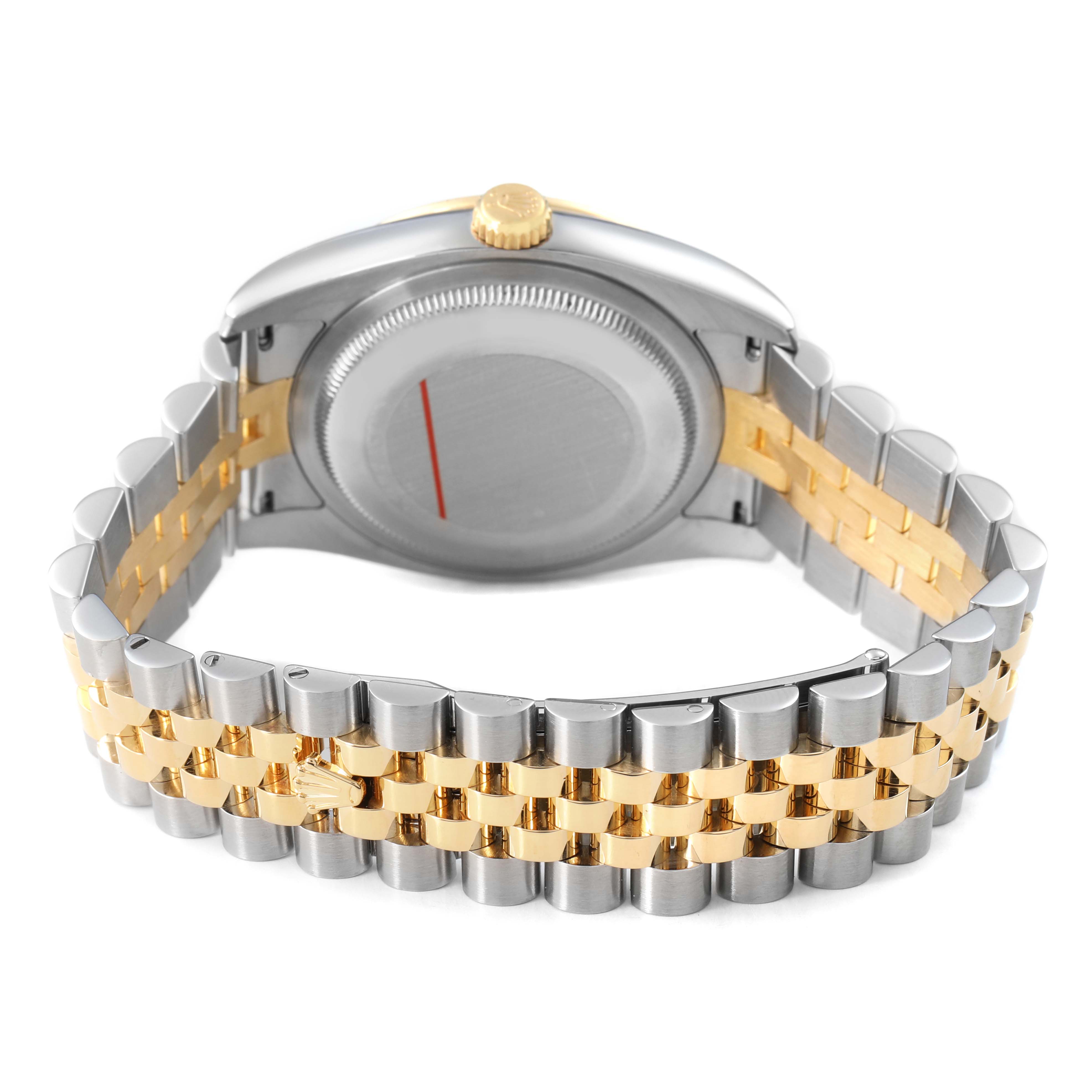 The Rolex Datejust 116243 Men's Steel and Gold (two tone) Black Dial watch is shown from the back, displaying the case back and two-tone bracelet.