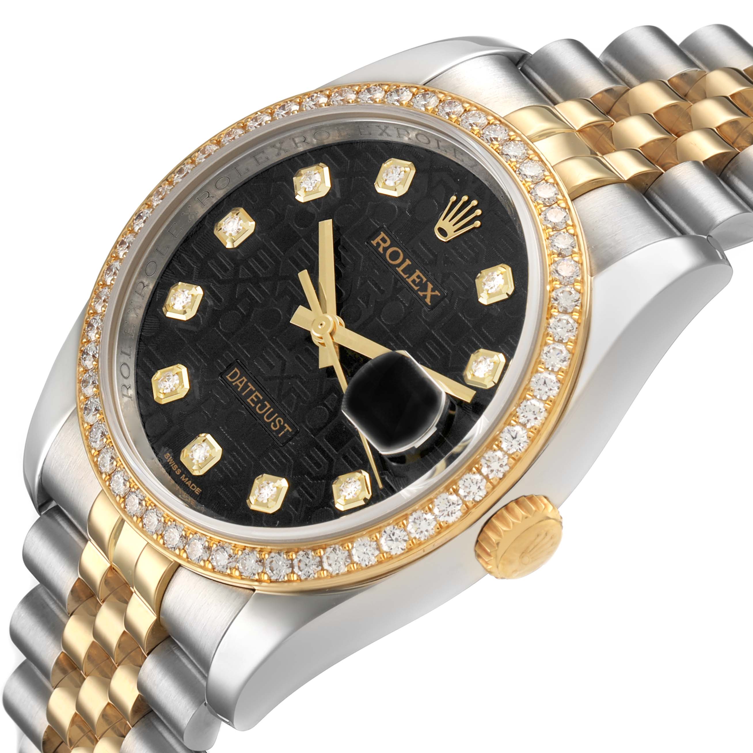 The Rolex Datejust 116243 Men's Steel and Gold (two tone) Black Dial watch is shown at an angled view highlighting the dial, diamond bezel, and two-tone bracelet.