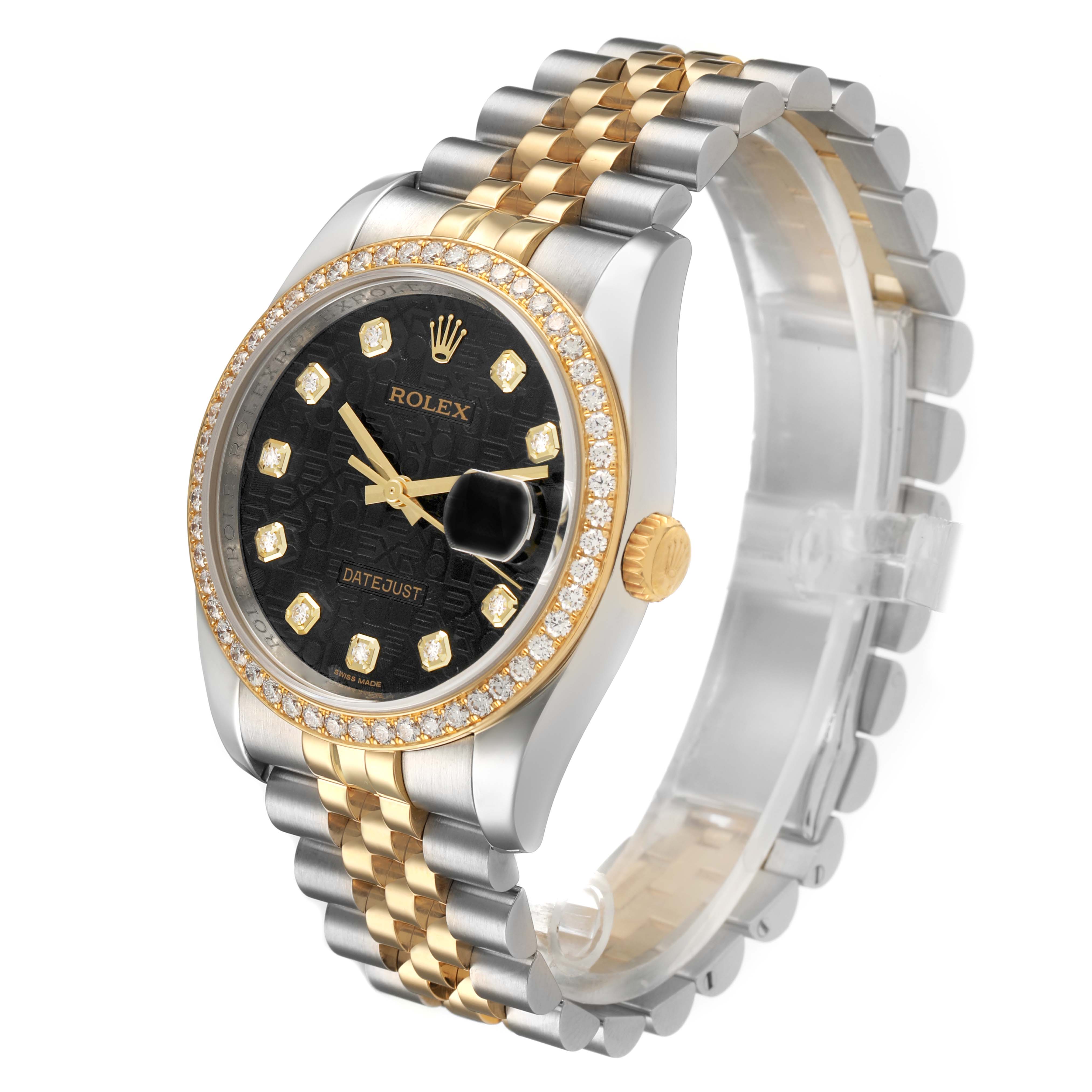 The Rolex Datejust 116243 Men's Steel and Gold (two tone) Black Dial watch is shown at an angle highlighting its black dial, gold bezel, and Jubilee bracelet.