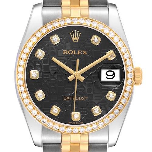 The Rolex Datejust 116243 Men's Steel and Gold (two tone) Black Dial watch is shown from the front, highlighting the diamond bezel, dial, date window, and part of the bracelet.
