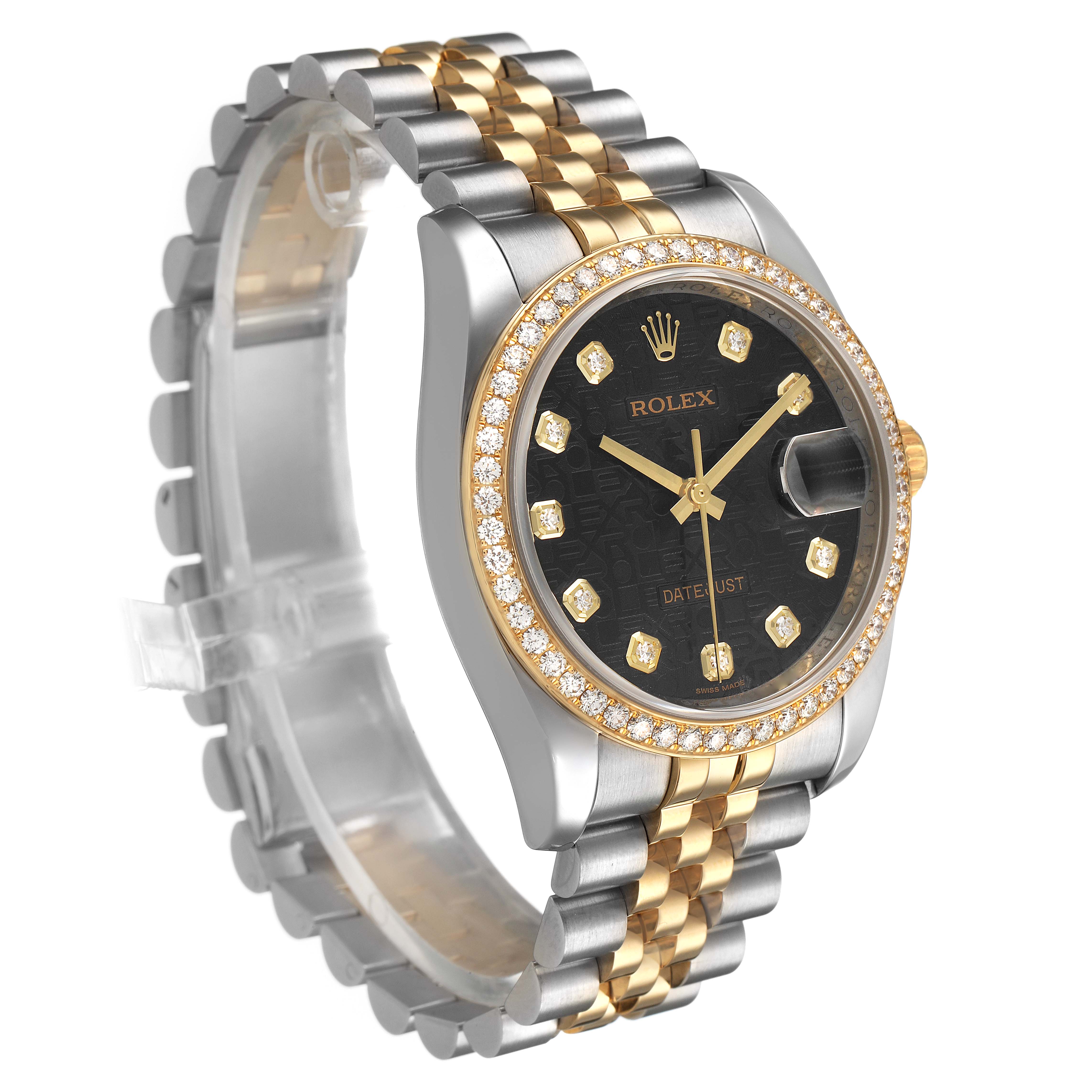 The Rolex Datejust 116243 Men's Steel and Gold (two tone) Black Dial is shown at an angle highlighting the face, bezel, and bracelet, displaying both the front and side views.