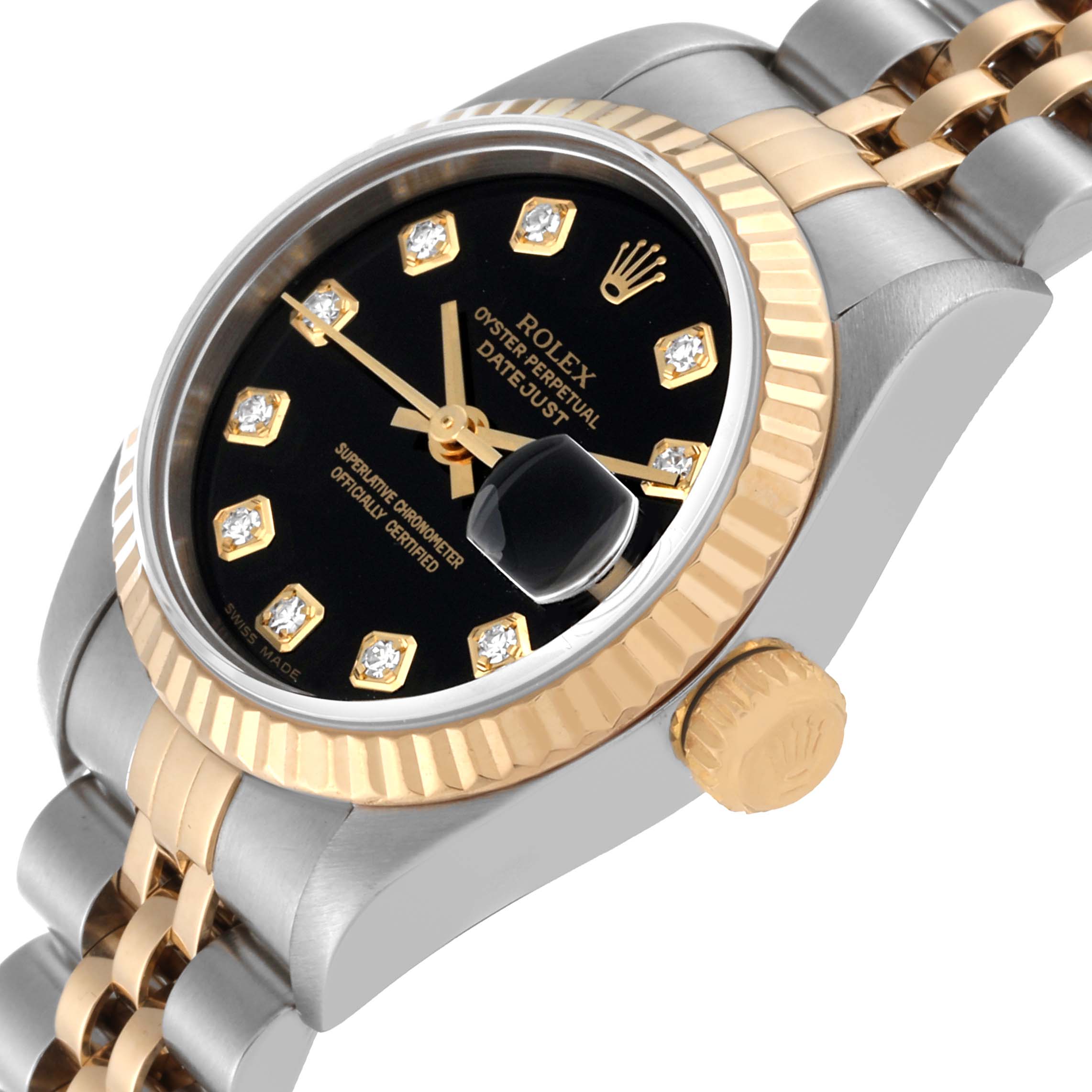 The image shows a close-up of the face and part of the bracelet of a Rolex Datejust 79173 Women's Stainless Steel Black Dial 79173 Women's Stainless Steel Black Dial watch, highlighting the crown and dial.