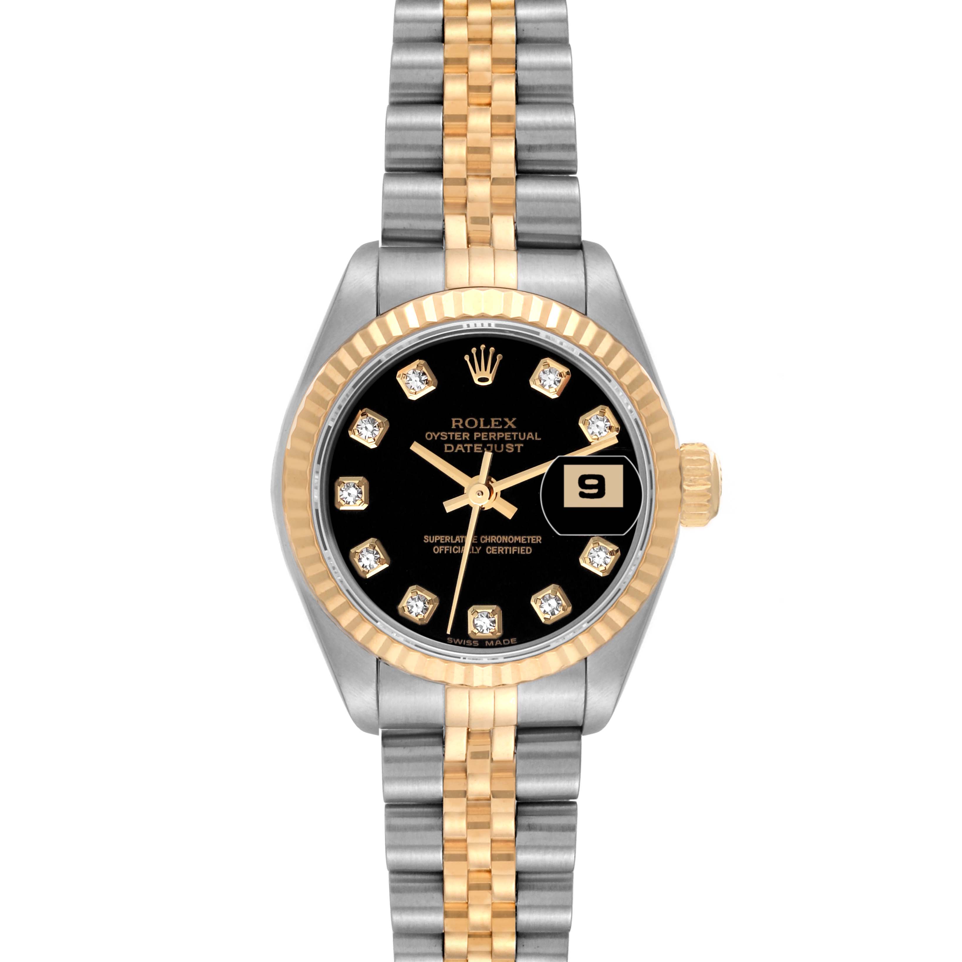 This image shows the front view of a Rolex Datejust 79173 Women's Stainless Steel Black Dial 79173 Women's Stainless Steel Black Dial watch, highlighting its black dial, date window, and two-tone bracelet.