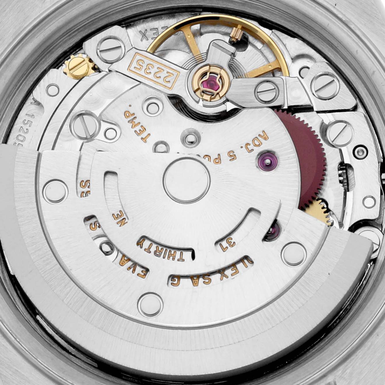 The image shows a top-down view of the movement mechanism inside a Rolex Datejust 79173 Women's Stainless Steel Black Dial 79173 Women's Stainless Steel Black Dial watch.