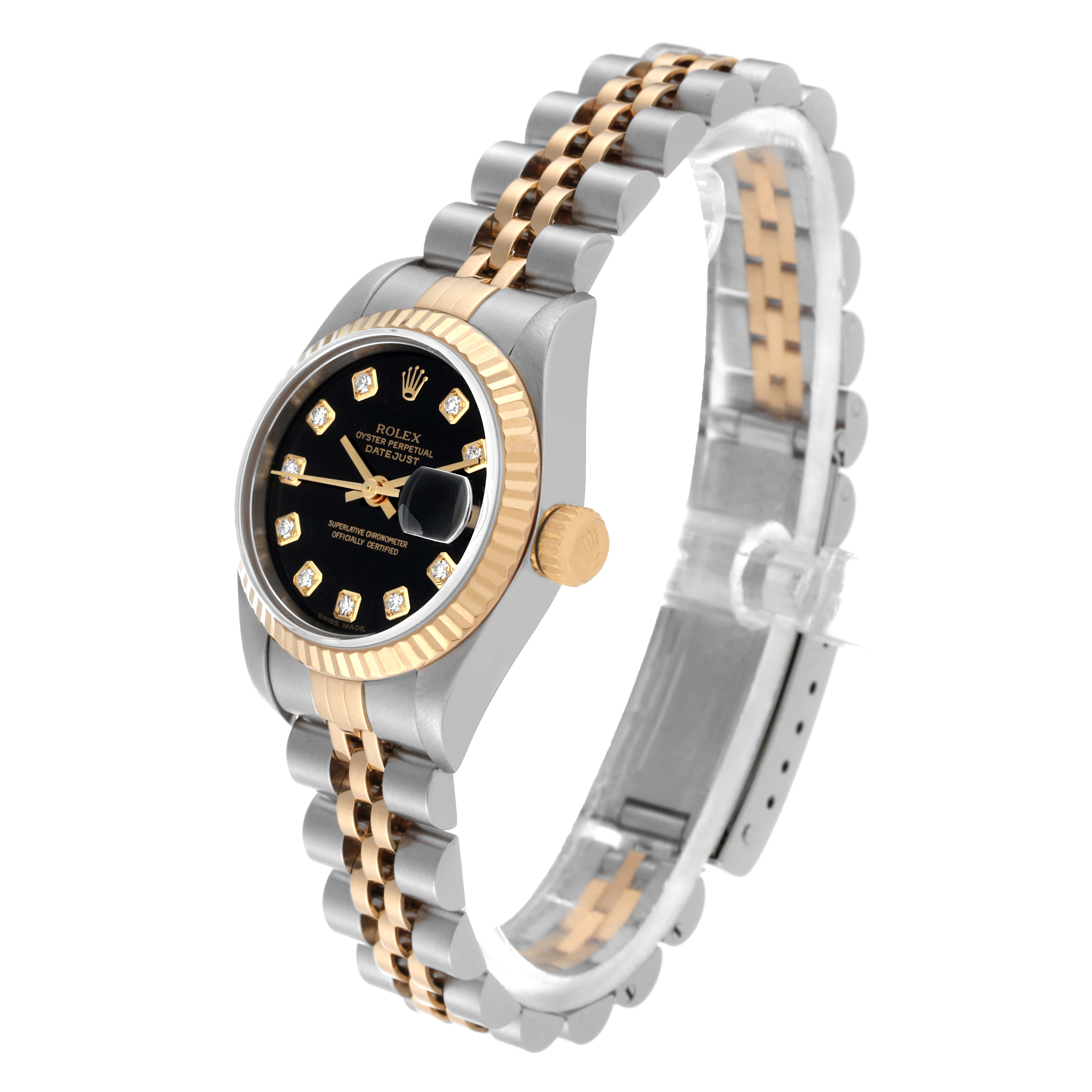 The image shows a Rolex Datejust 79173 Women's Stainless Steel Black Dial 79173 Women's Stainless Steel Black Dial watch at an angled view, highlighting the bezel, crown, dial, and bracelet.
