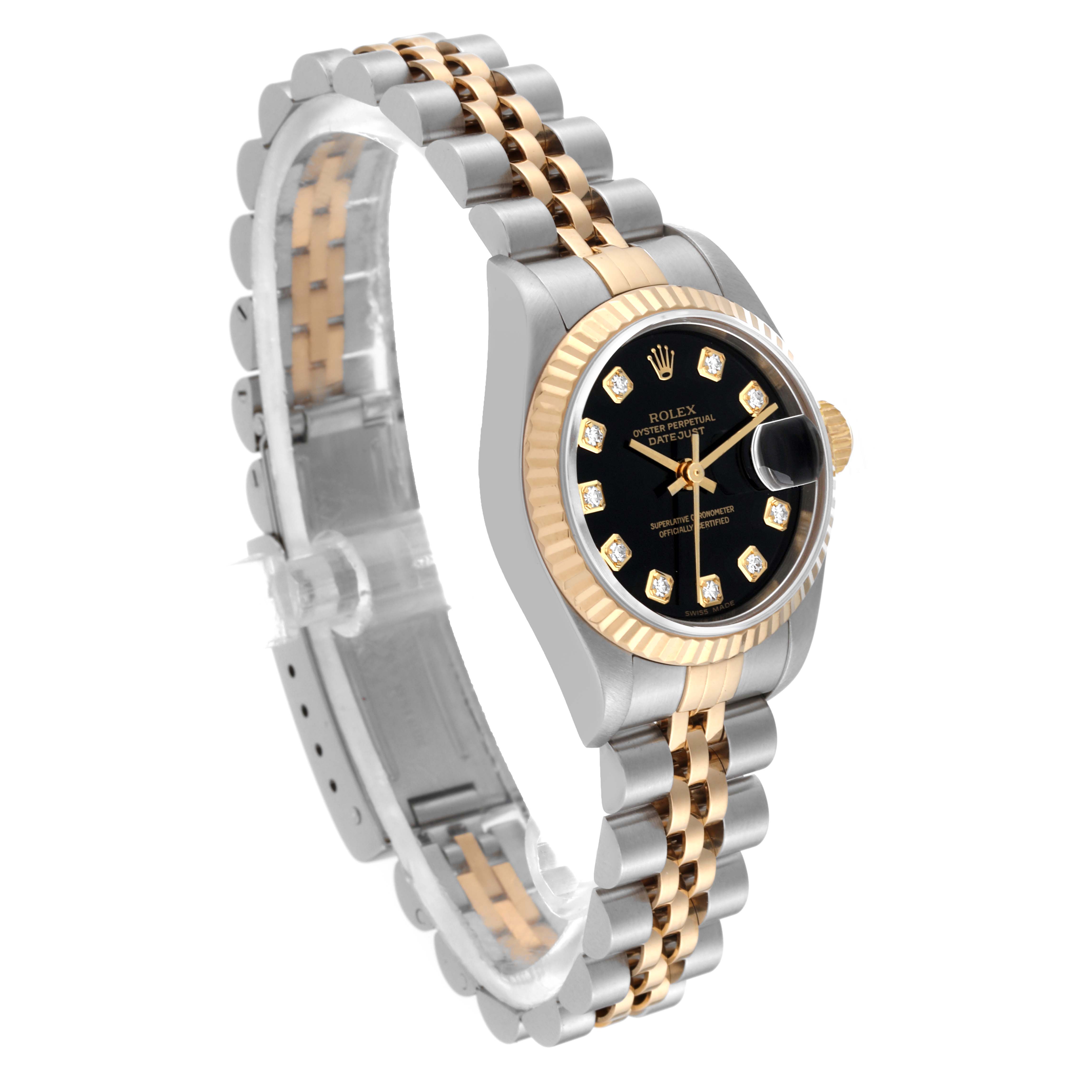 This Rolex Datejust 79173 Women's Stainless Steel Black Dial 79173 Women's Stainless Steel Black Dial watch is shown at an angle revealing the face, bezel, and two-tone bracelet.