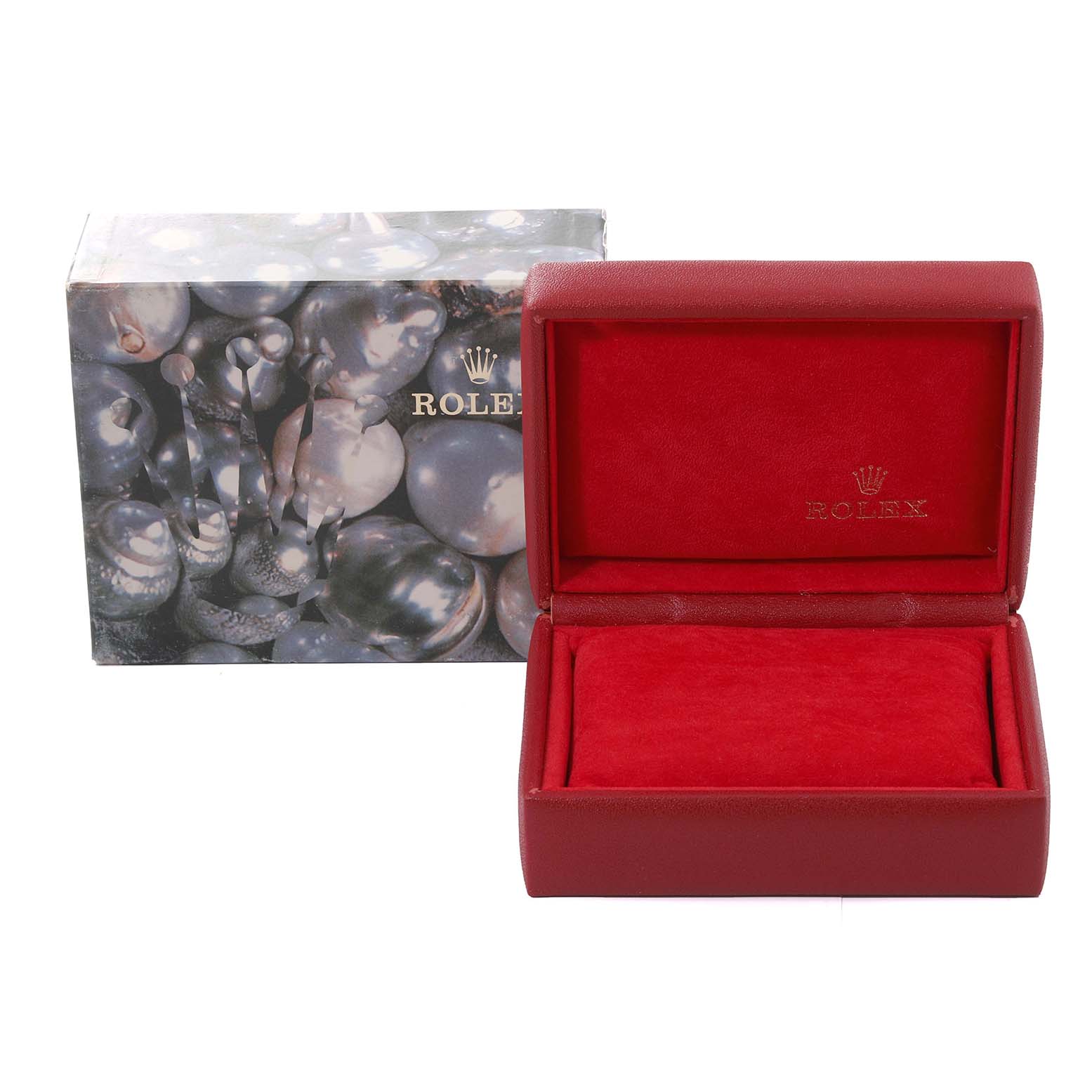 The image shows a Rolex Datejust 79173 Women's Stainless Steel Black Dial 79173 Women's Stainless Steel Black Dial model watch box and its packaging, including an open red case and an outer decorative box.