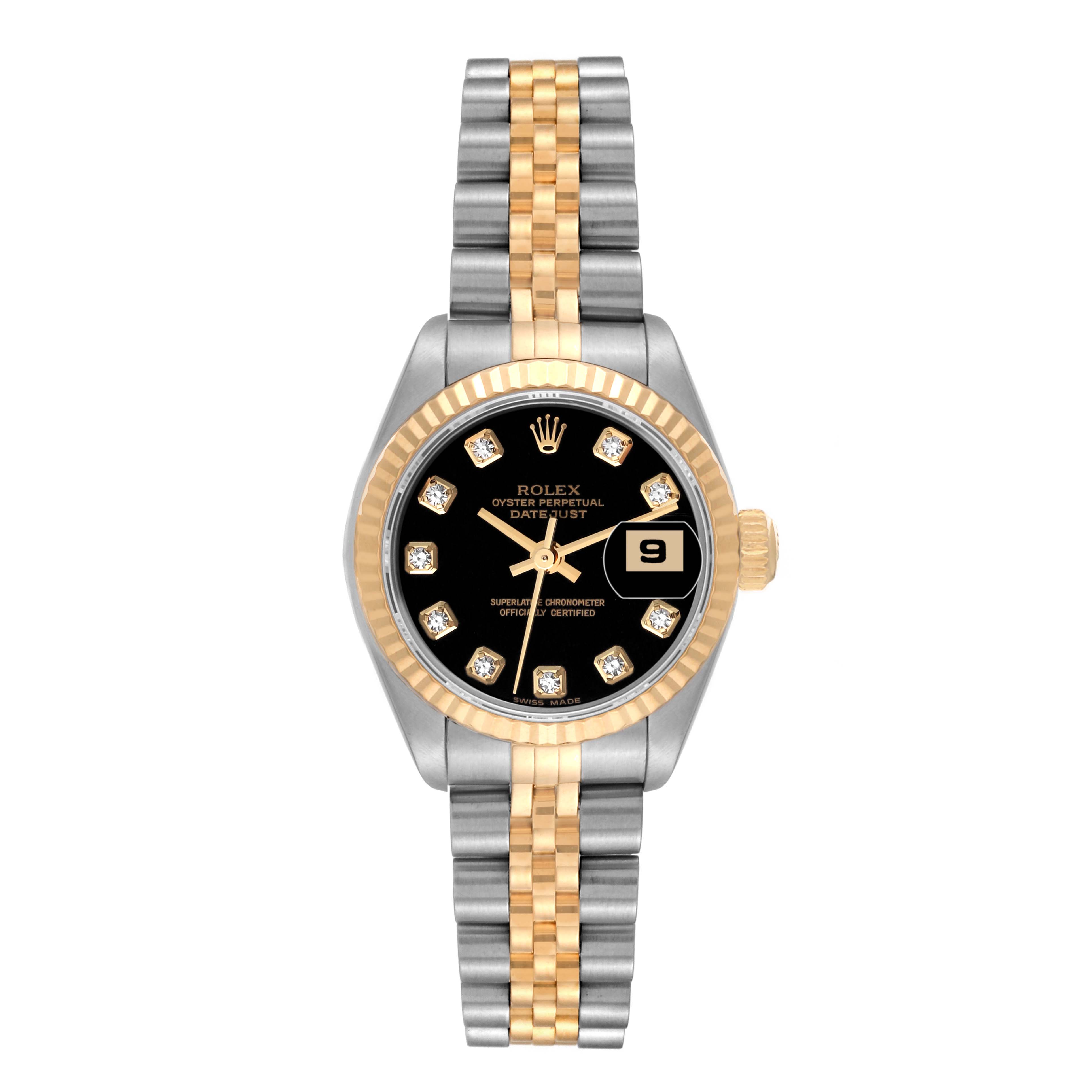 This image shows a frontal view of a Rolex Datejust 79173 Women's Stainless Steel Black Dial 79173 Women's Stainless Steel Black Dial watch with a two-tone bracelet, black dial, and date display.