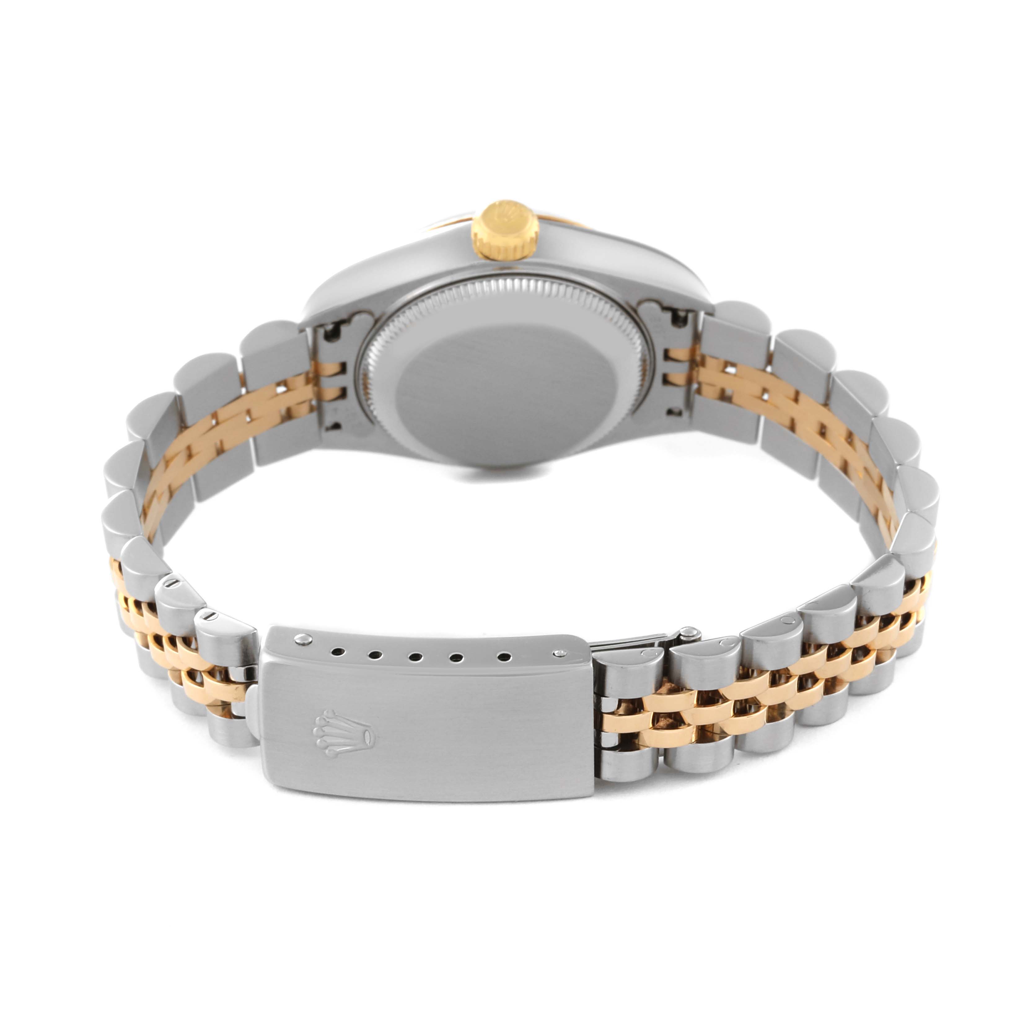 This image shows the back of the Rolex Datejust 79173 Women's Stainless Steel Black Dial 79173 Women's Stainless Steel Black Dial watch with its clasp, bracelet, and case back.