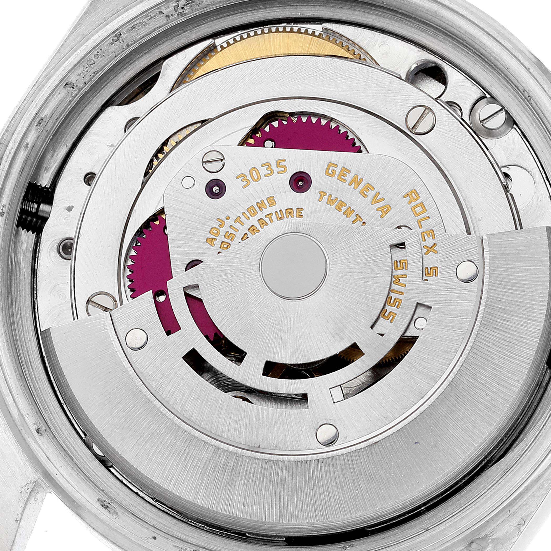 The image shows the internal mechanism of the Vintage Collection model by Rolex, highlighting gears and the rotor.