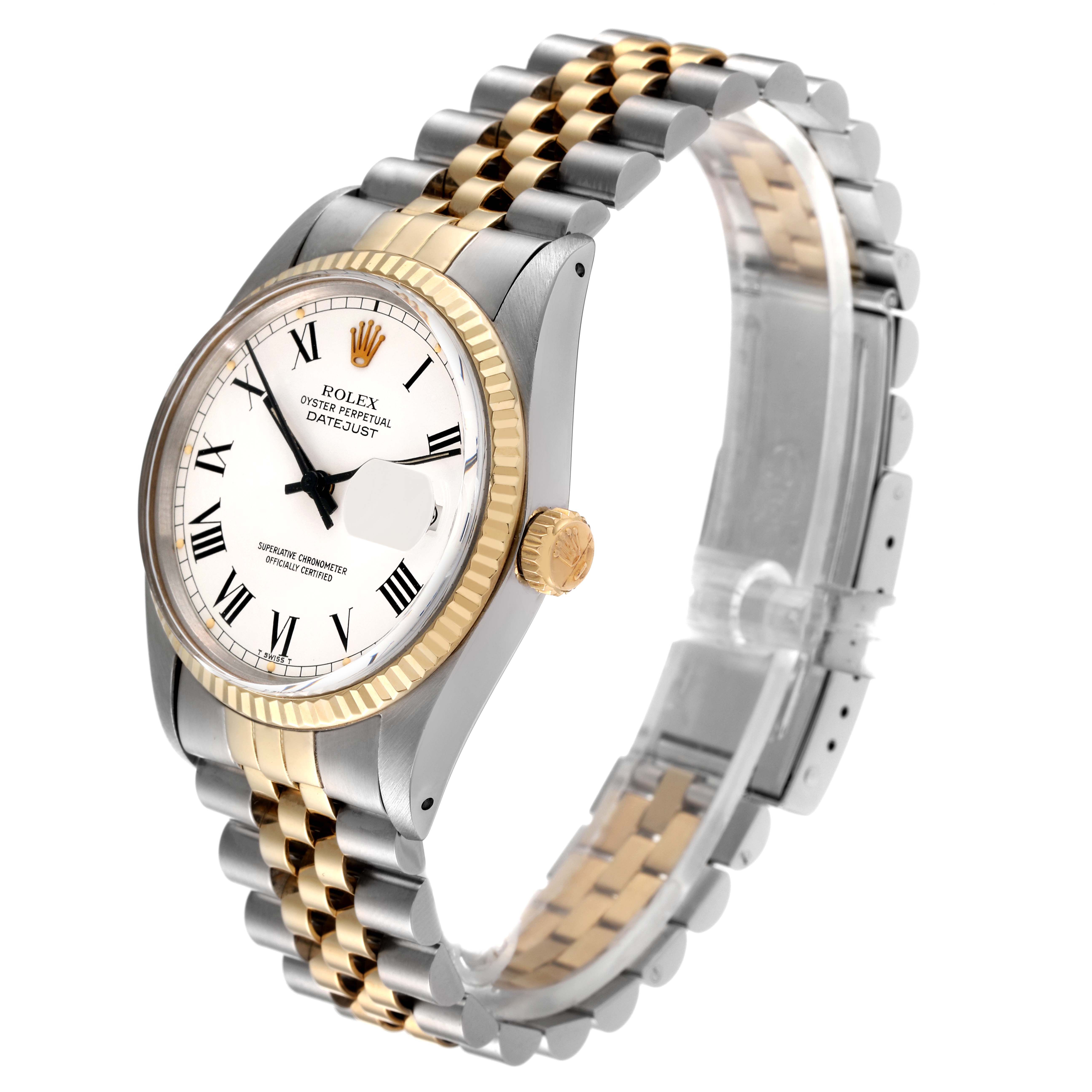 The image shows a Rolex Vintage Collection 16013 Men's Steel and Gold (two tone) White Dial 16013 Men's Steel and Gold (two tone) White Dial Datejust watch at a slight angle, highlighting the face, bezel, and two-tone bracelet.