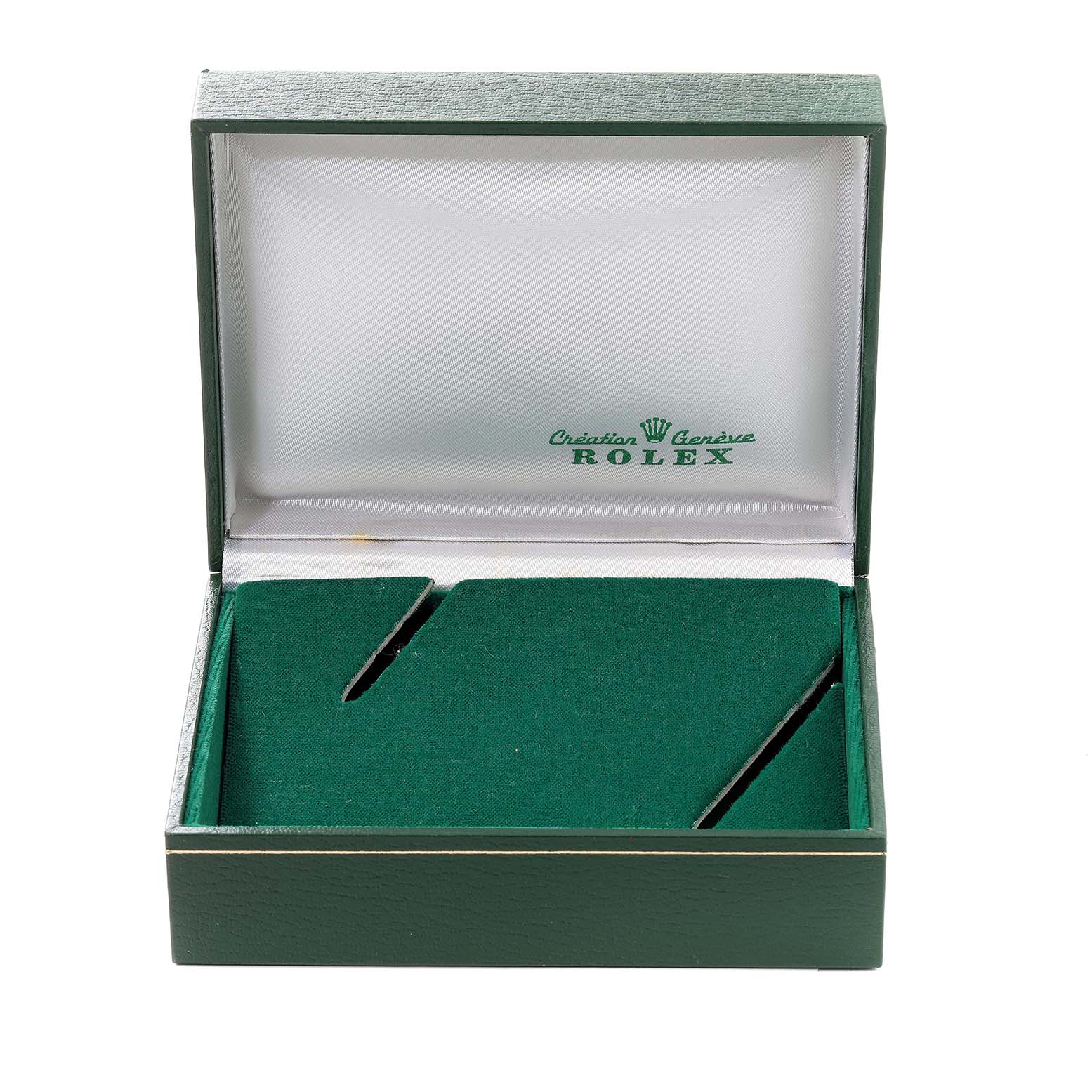 The image shows an open box for the Rolex Vintage Collection 16013 Men's Steel and Gold (two tone) White Dial 16013 Men's Steel and Gold (two tone) White Dial model, displaying the interior with green padding and slots.