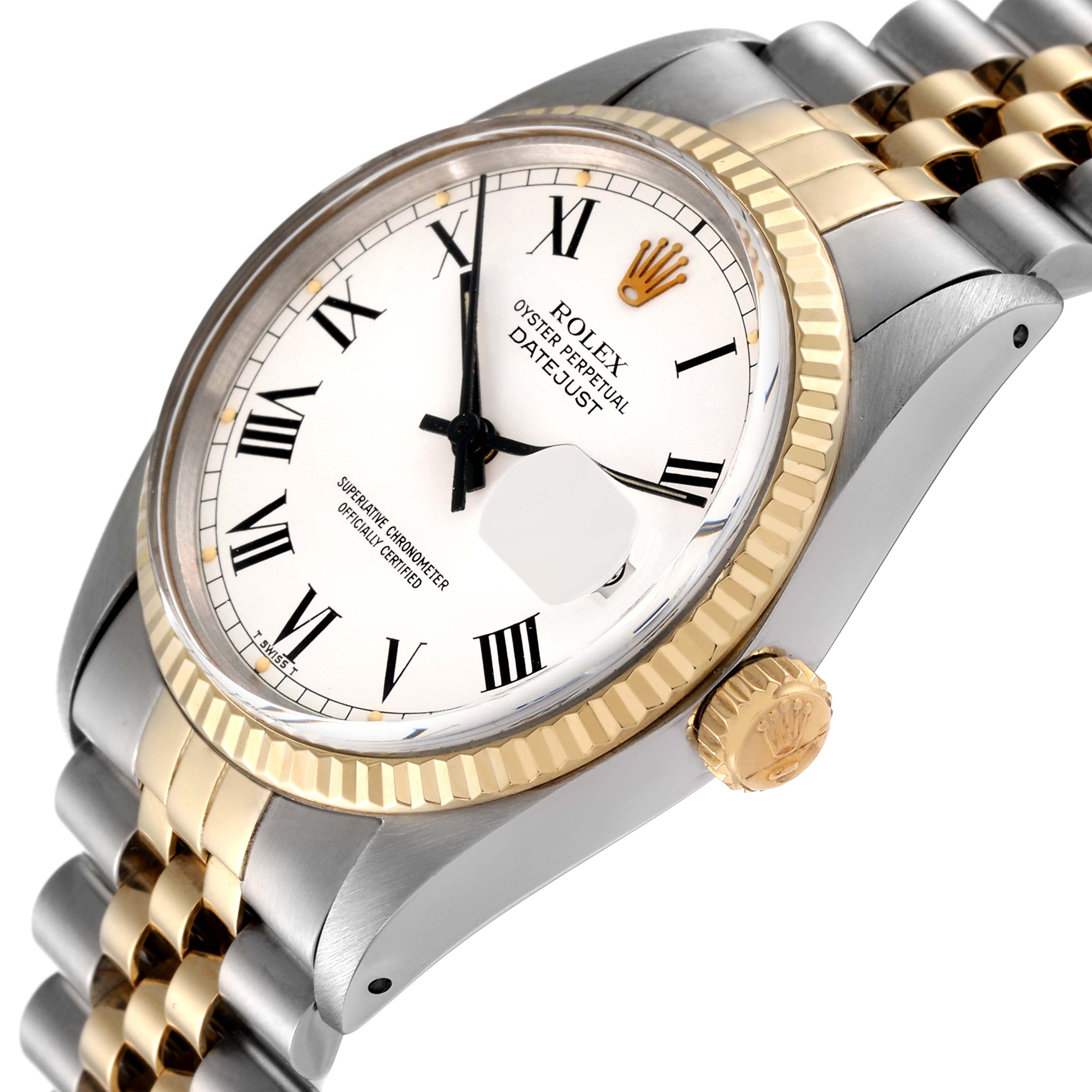 The image shows a side view of the Rolex Vintage Collection 16013 Men's Steel and Gold (two tone) White Dial 16013 Men's Steel and Gold (two tone) White Dial model, highlighting the watch face, crown, and part of the band.