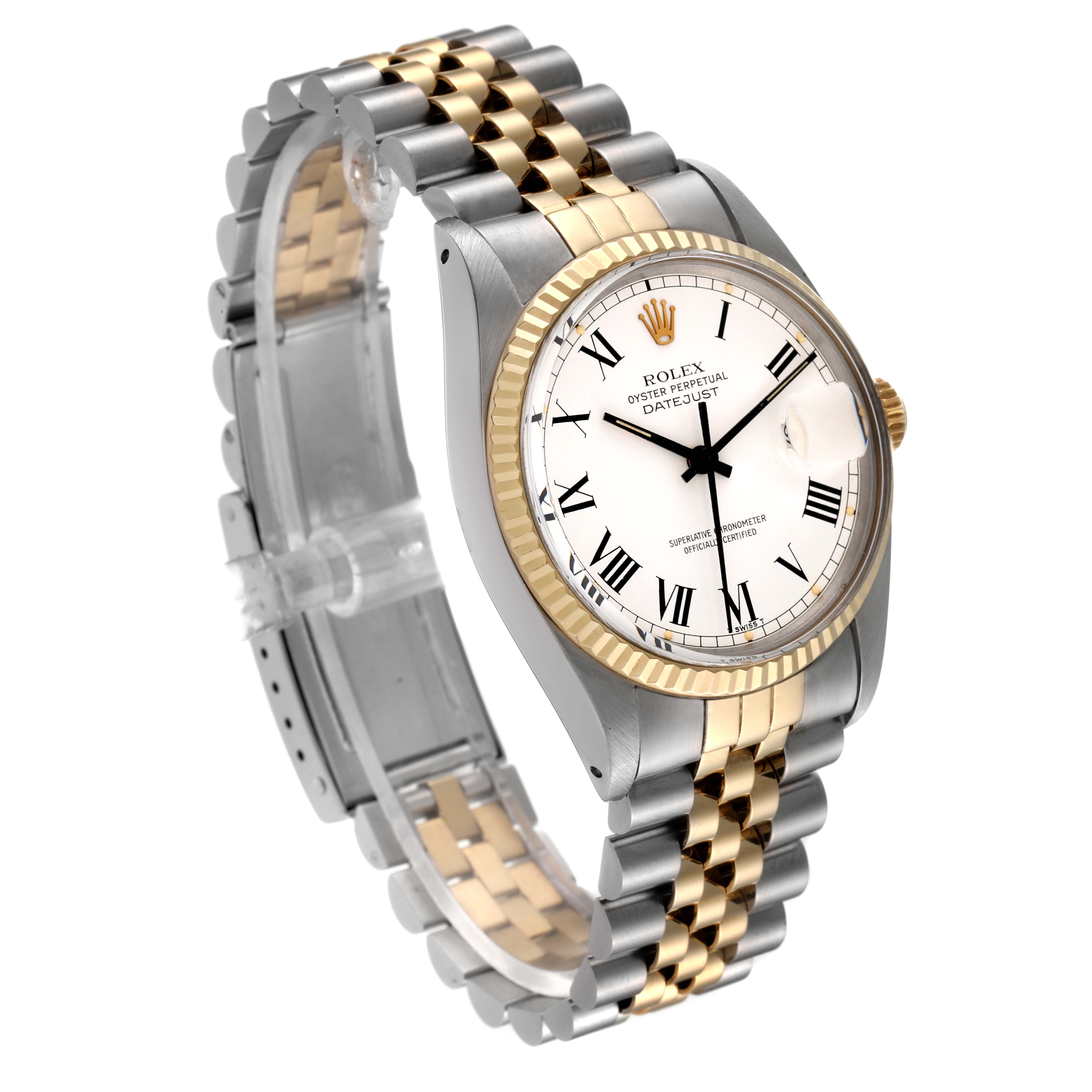 The watch is a Rolex Vintage Collection 16013 Men's Steel and Gold (two tone) White Dial 16013 Men's Steel and Gold (two tone) White Dial model, shown at a three-quarter angle displaying the face, bezel, and two-tone bracelet.