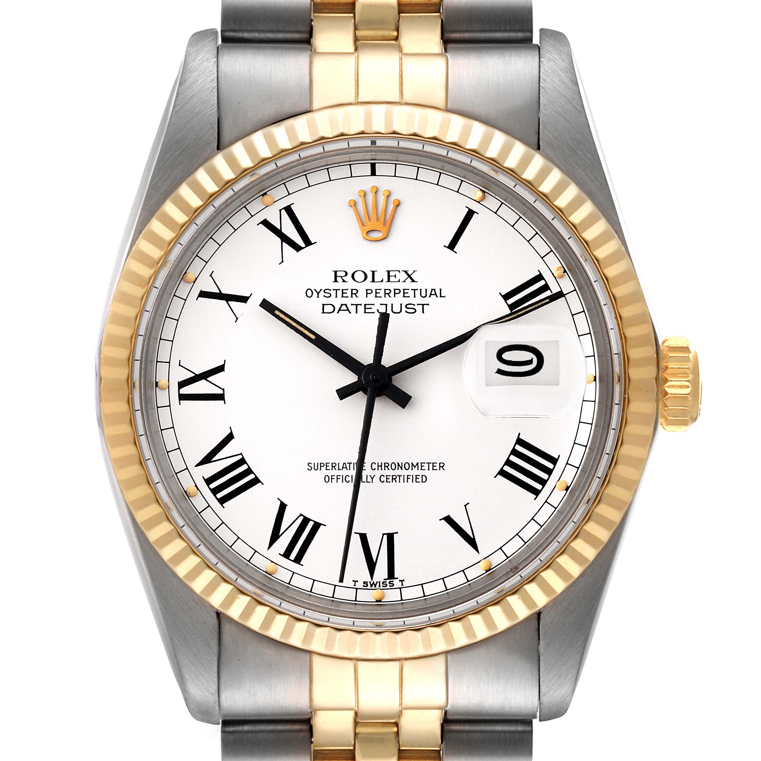 The image shows a front view of a Rolex Vintage Collection 16013 Men's Steel and Gold (two tone) White Dial 16013 Men's Steel and Gold (two tone) White Dial Datejust, highlighting the dial, bezel, and bracelet.