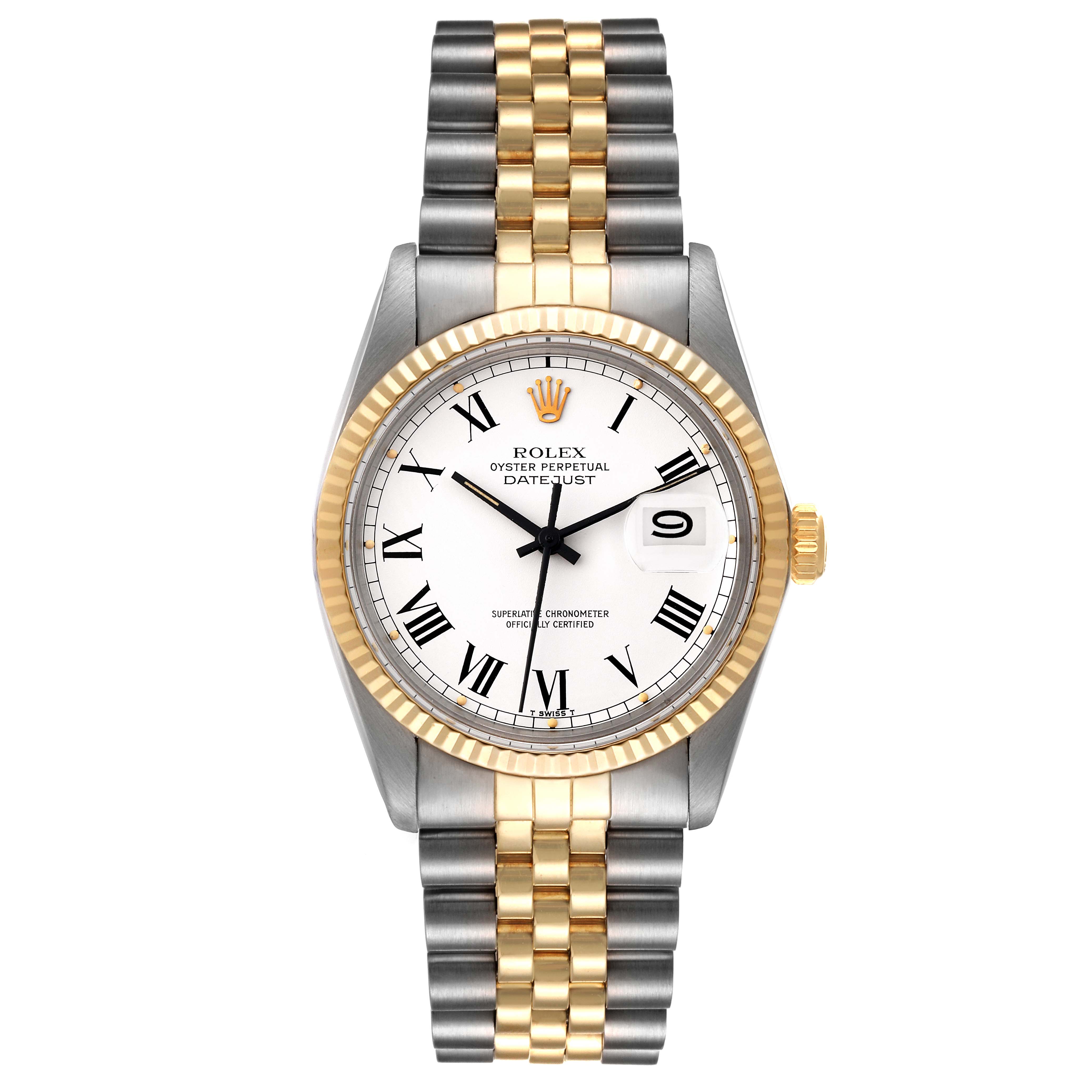 The Rolex Vintage Collection 16013 Men's Steel and Gold (two tone) White Dial 16013 Men's Steel and Gold (two tone) White Dial model is shown from the front, featuring the dial, bezel, crown, and bracelet.