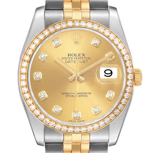 The Rolex Datejust 116243 Men's Steel and Gold (two tone) Champagne Dial watch is shown from a front angle, highlighting the gold dial, diamond bezel, and two-tone bracelet.