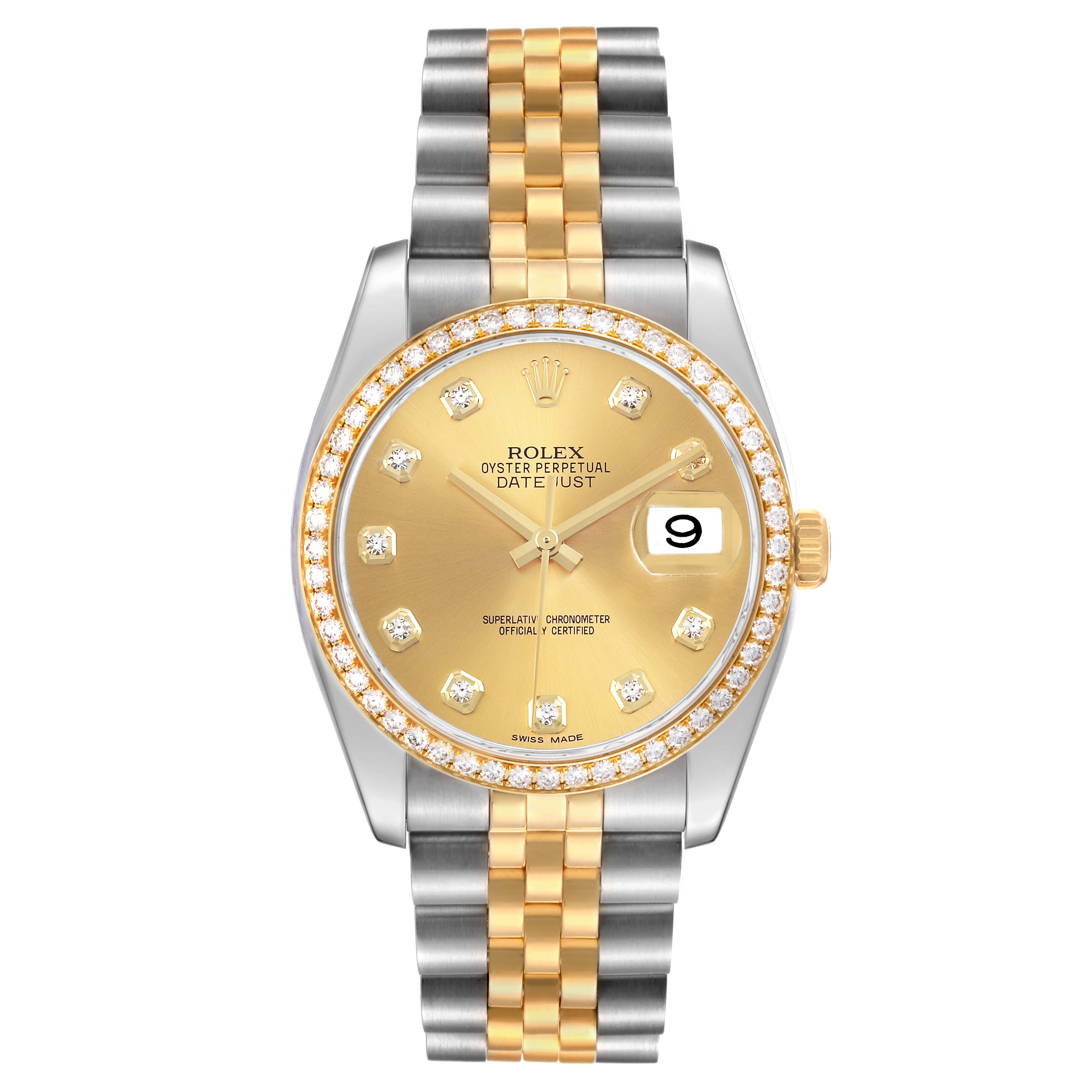 This Rolex Datejust 116243 Men's Steel and Gold (two tone) Champagne Dial watch is shown from a front angle, highlighting the gold and stainless steel bracelet, diamond-encrusted bezel, and face.