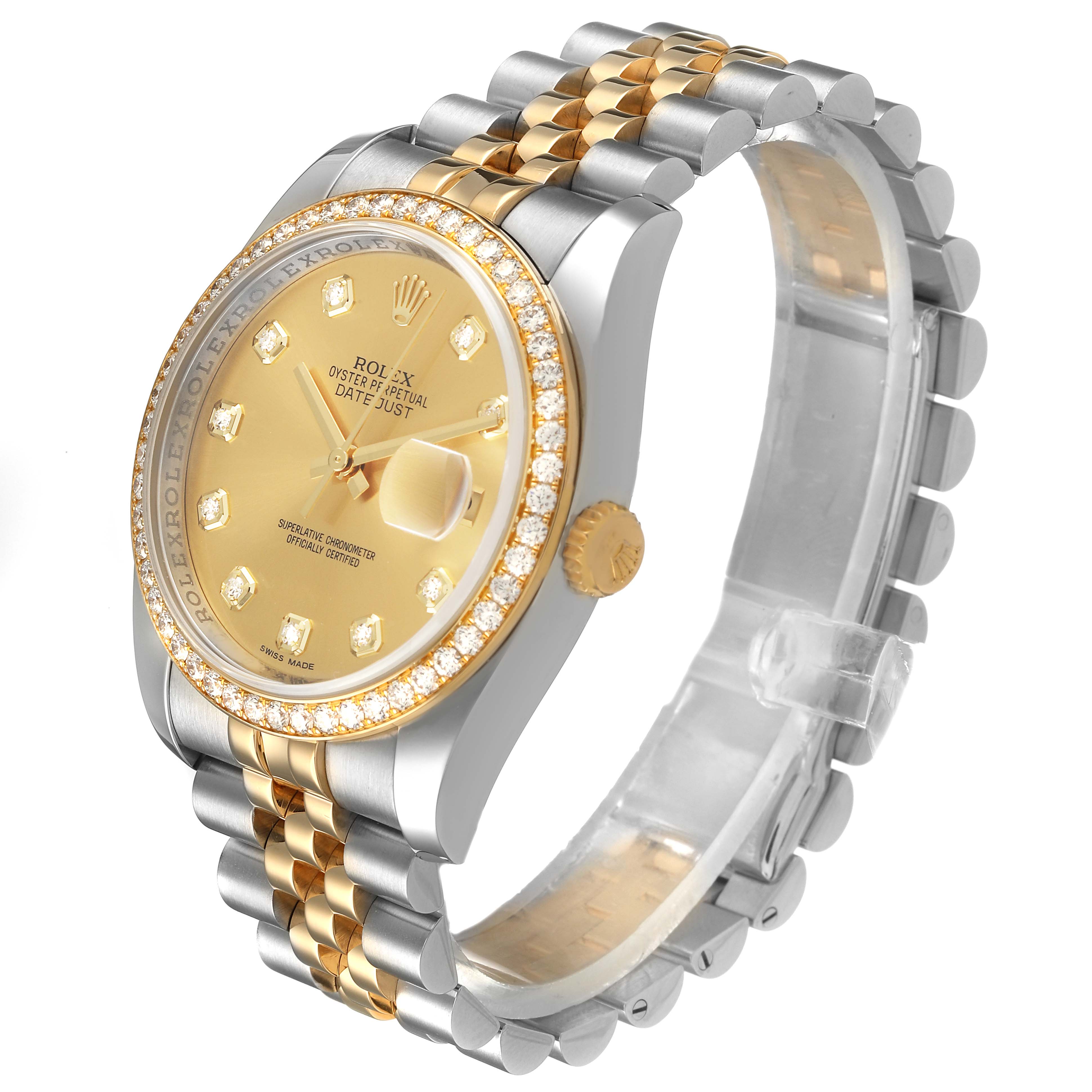 The Rolex Datejust 116243 Men's Steel and Gold (two tone) Champagne Dial watch is shown at a three-quarter angle, displaying its gold and silver bracelet, diamond bezel, and dial.